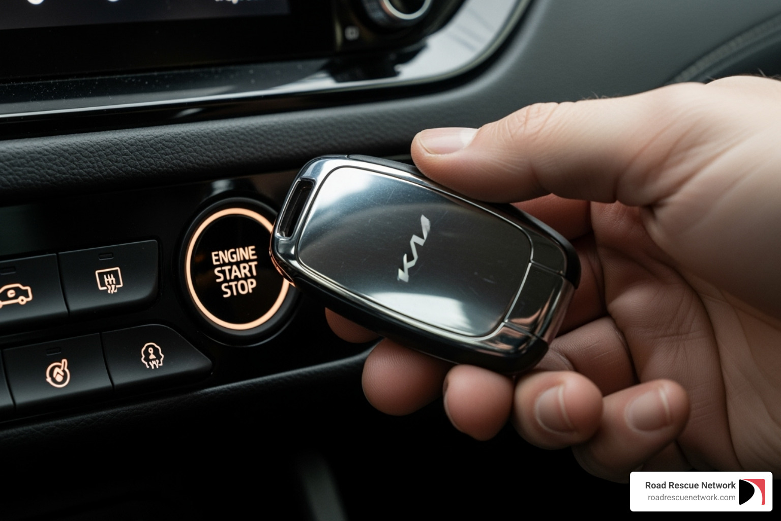 A hand holding a Kia key fob against the push-to-start button of a car's dashboard - kia key fob battery replacement A hand holding a Kia key fob against the push-to-start button of a car's dashboard - kia key fob battery replacement