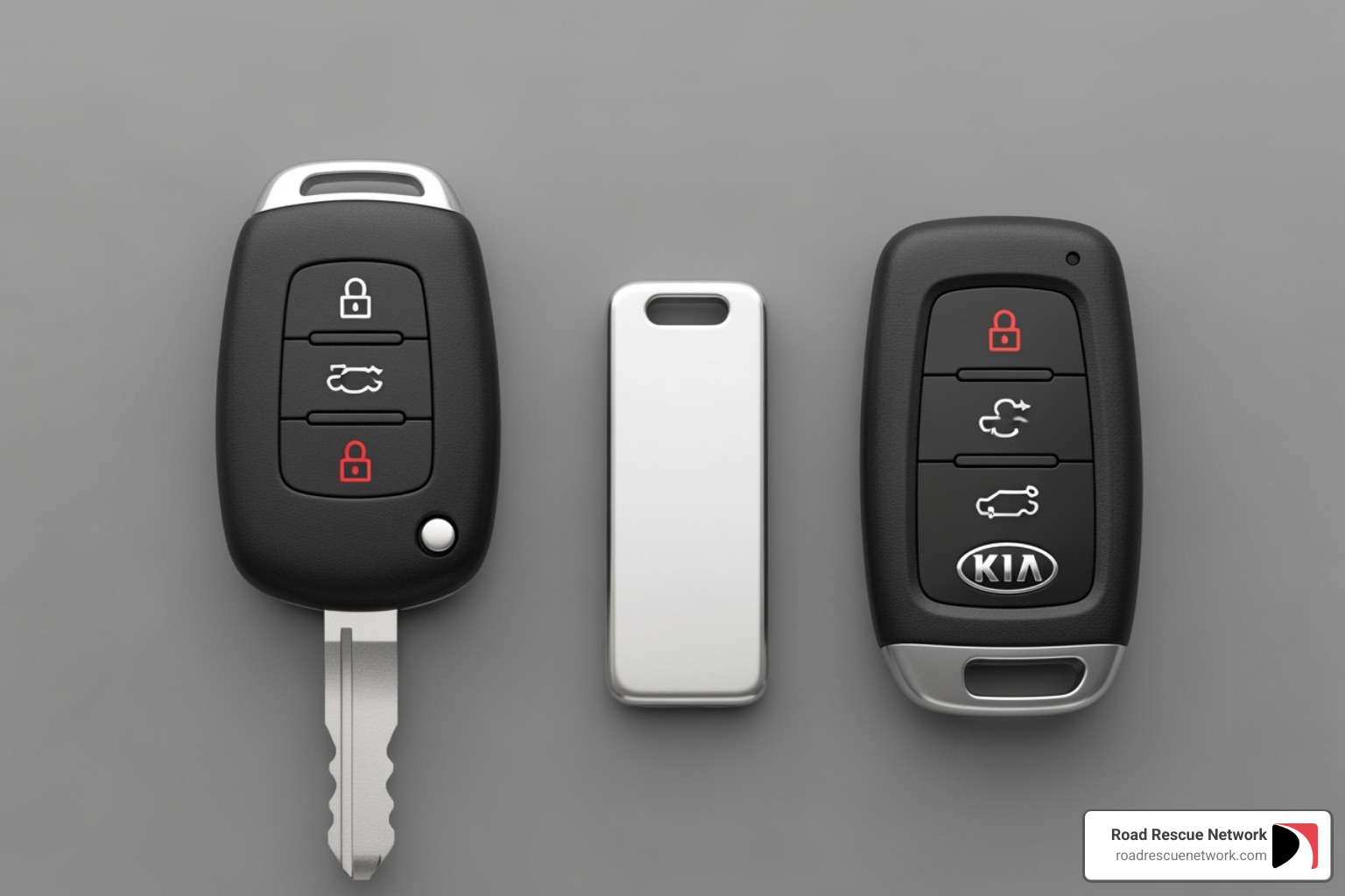 Two different types of Kia key fobs side-by-side, one a flip key and the other a smart key with an emergency key removed - kia key fob battery replacement Two different types of Kia key fobs side-by-side, one a flip key and the other a smart key with an emergency key removed - kia key fob battery replacement