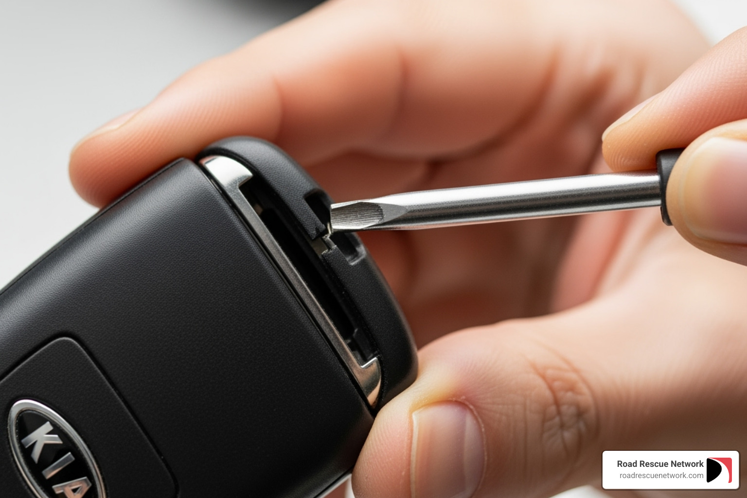 Close-up image illustrating the process of a Kia flip key battery replacement, showing a small screwdriver gently prying open the key fob case after the mechanical key has been released - kia key fob battery replacement Close-up image illustrating the process of a Kia flip key battery replacement, showing a small screwdriver gently prying open the key fob case after the mechanical key has been released - kia key fob battery replacement
