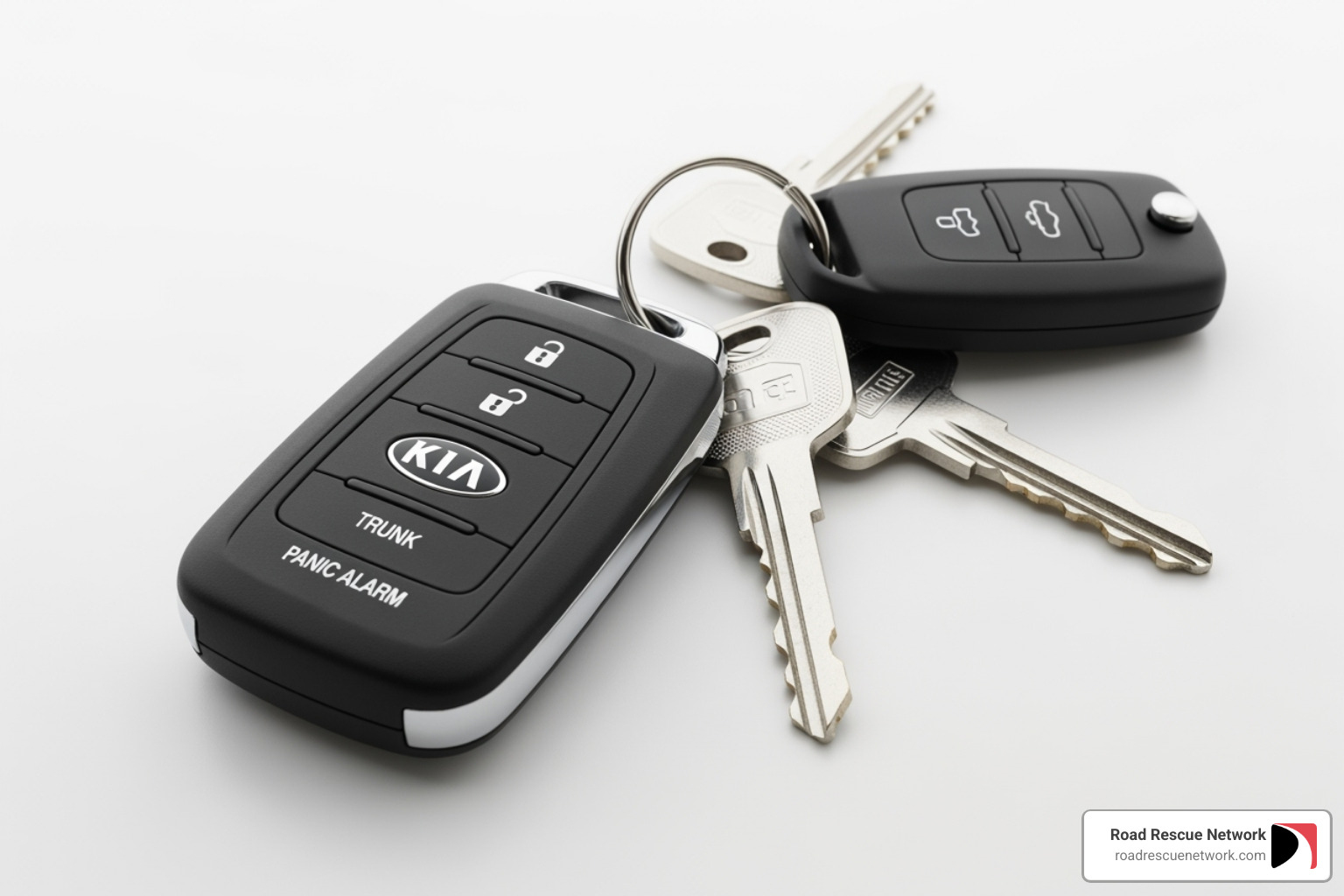 Car keys, including a Kia key fob, resting on a clean white surface, symbolizing new beginnings and functionality - kia key fob battery replacement Car keys, including a Kia key fob, resting on a clean white surface, symbolizing new beginnings and functionality - kia key fob battery replacement