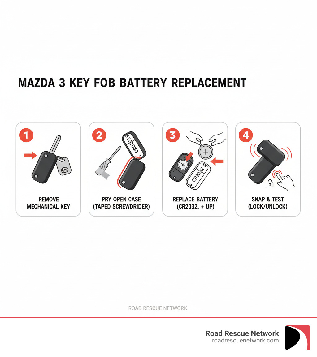 Infographic showing the complete Mazda 3 key fob battery replacement process: Step 1 shows pressing the release button to remove the mechanical key, Step 2 illustrates using a tape-wrapped screwdriver to pry open the case at the seam, Step 3 displays removing the old battery and inserting a new CR2032 battery with positive side facing up, and Step 4 demonstrates snapping the case halves back together and testing the lock and unlock buttons - mazda 3 key fob battery replacement infographic 