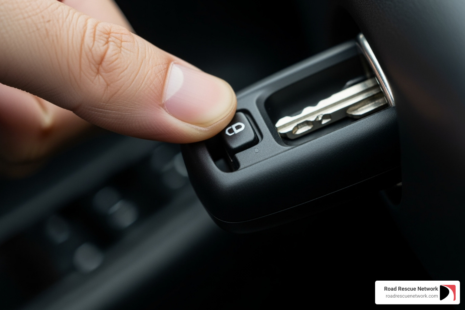 Finger pressing release button on Mazda 3 key fob - mazda 3 key fob battery replacement
