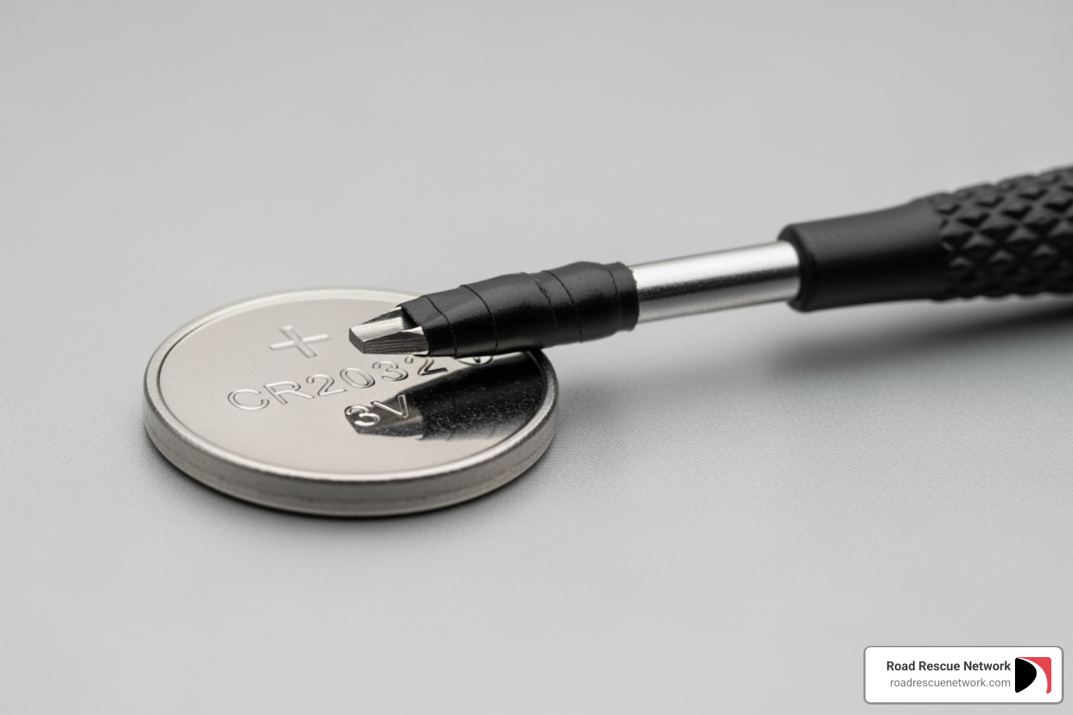 CR2032 battery and tape-wrapped screwdriver - mazda 3 key fob battery replacement