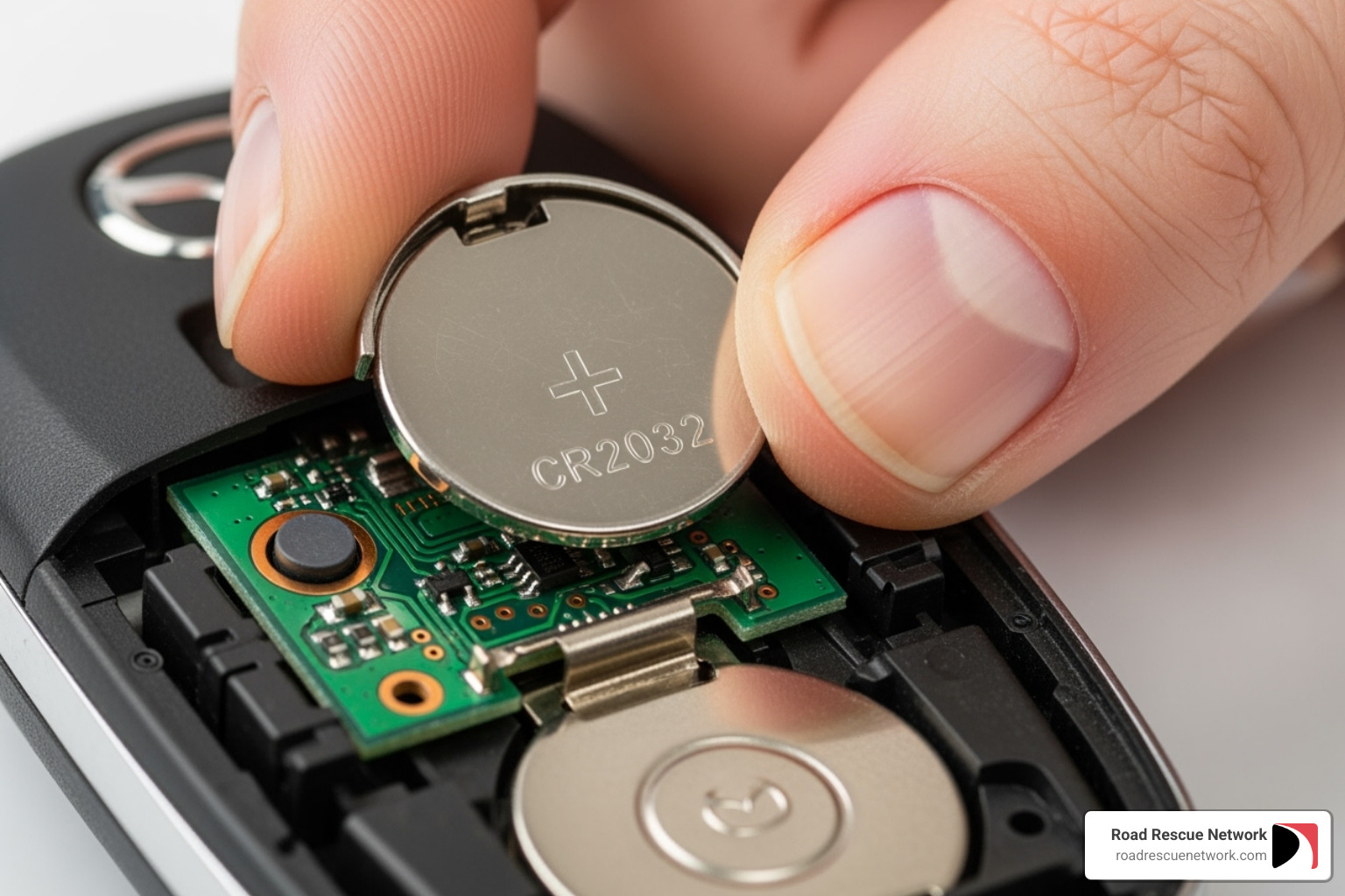 New CR2032 battery being placed in Mazda 3 key fob with positive side up - mazda 3 key fob battery replacement