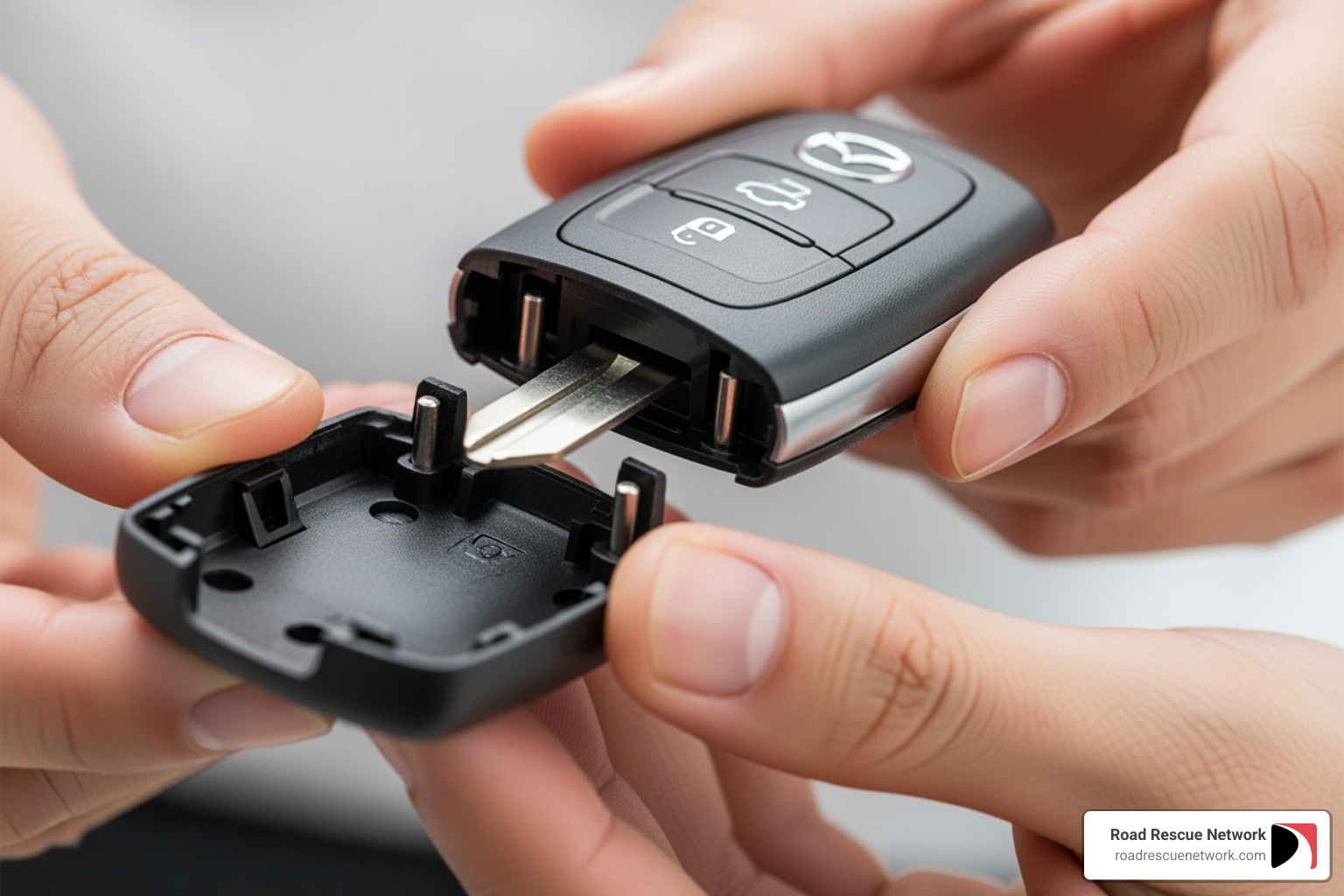 Two halves of Mazda 3 key fob being snapped back together - mazda 3 key fob battery replacement