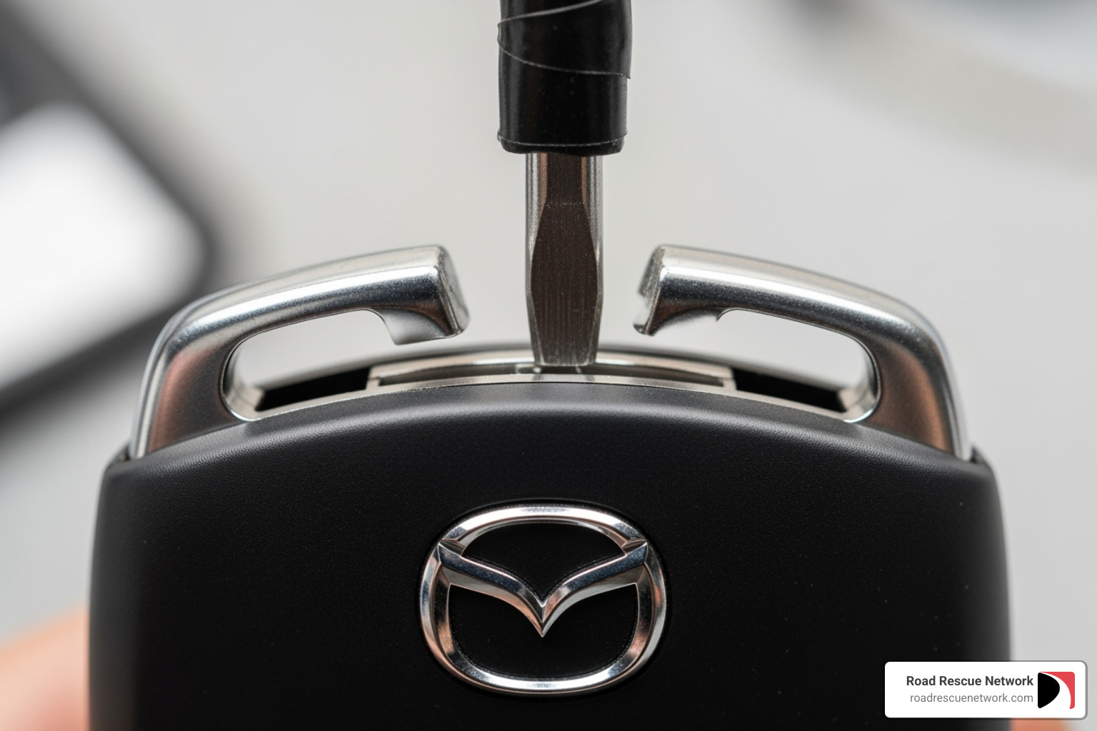 Tape-wrapped screwdriver prying open Mazda 3 key fob seam - mazda 3 key fob battery replacement