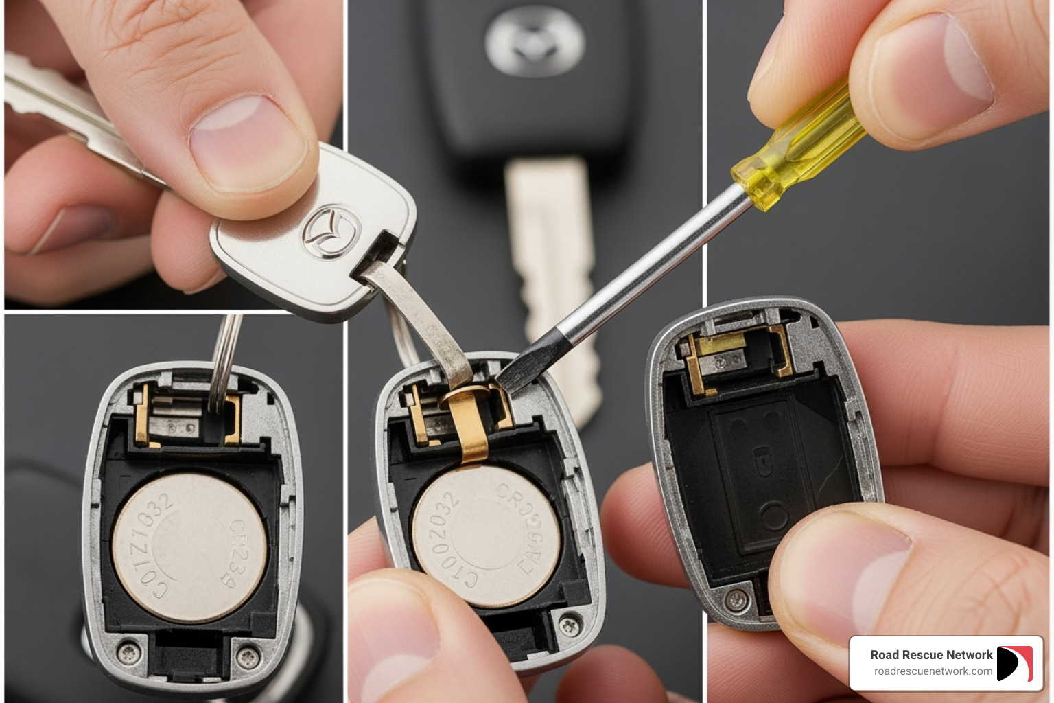 Four main steps of Mazda 3 key fob battery replacement in a grid - mazda 3 key fob battery replacement