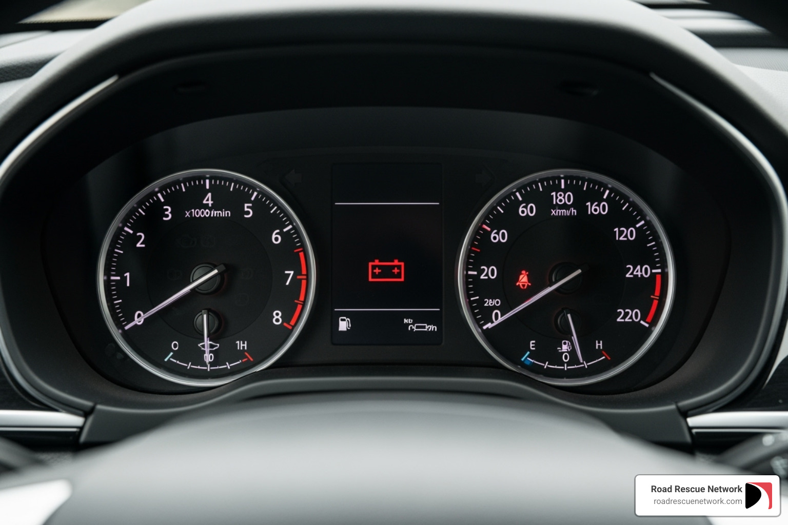 Car dashboard with battery warning light illuminated - mobile car battery