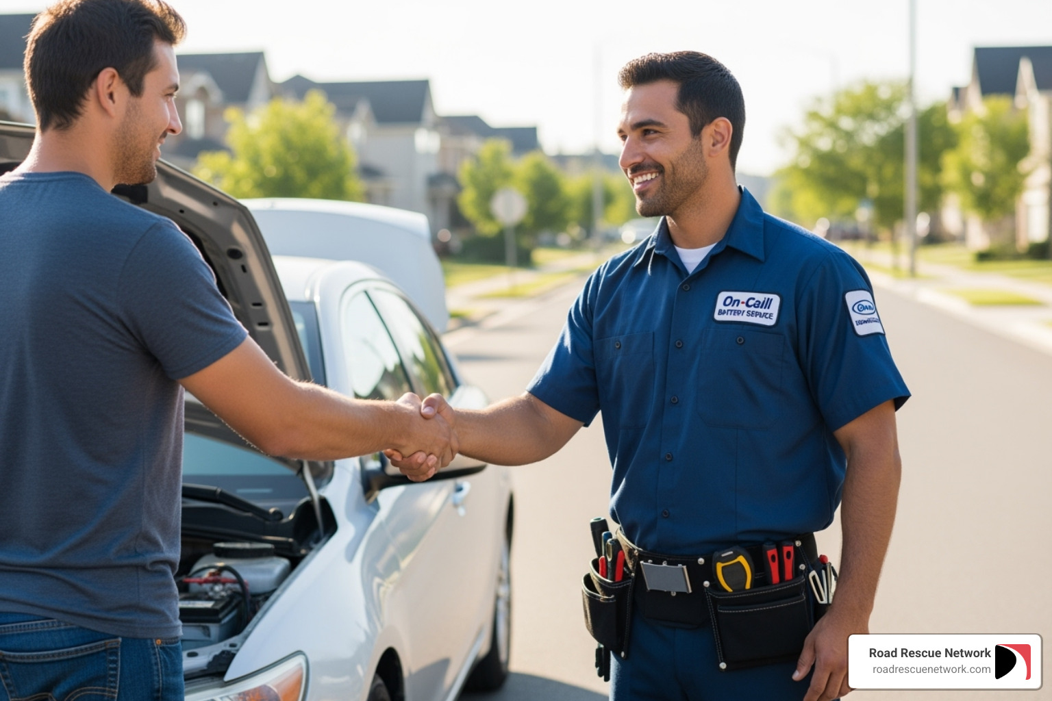 Customer shaking hands with a friendly technician - mobile car battery