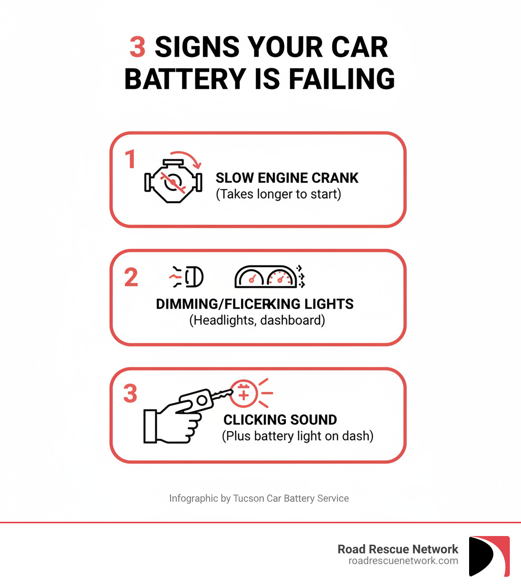 Infographic showing the top 3 signs your car battery is failing: 1) Slow engine crank when starting (engine takes longer than usual to turn over), 2) Dimming or flickering headlights and dashboard lights, 3) Clicking sound when turning the key with the battery warning light illuminated on the dashboard - Tucson car battery service infographic 