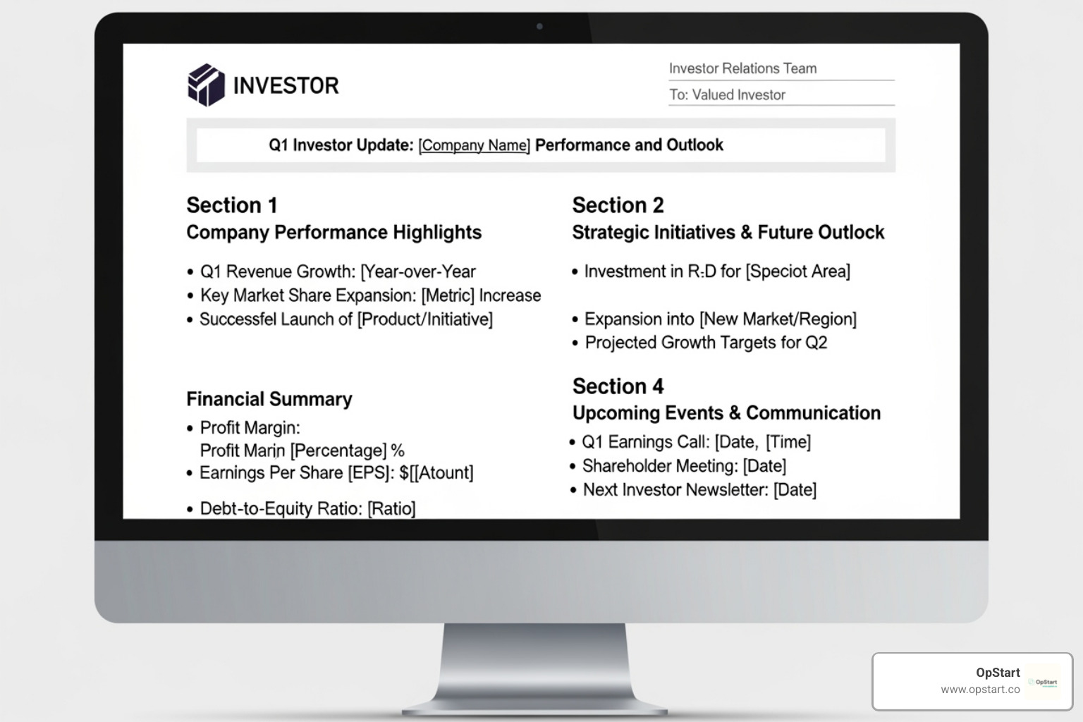 Sample investor update email with sections for Highlights, KPIs, Challenges, and Asks - Investor update template Sample investor update email with sections for Highlights, KPIs, Challenges, and Asks - Investor update template
