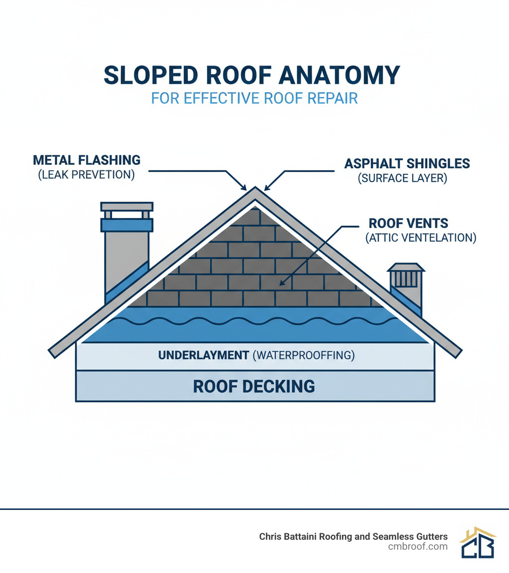 Infographic showing the anatomy of a typical sloped roof including roof decking as the foundation, underlayment for waterproofing, asphalt shingles as the visible surface layer, metal flashing around chimneys and vents to prevent leaks, and roof vents for proper attic ventilation - Roof Repair Services infographic 