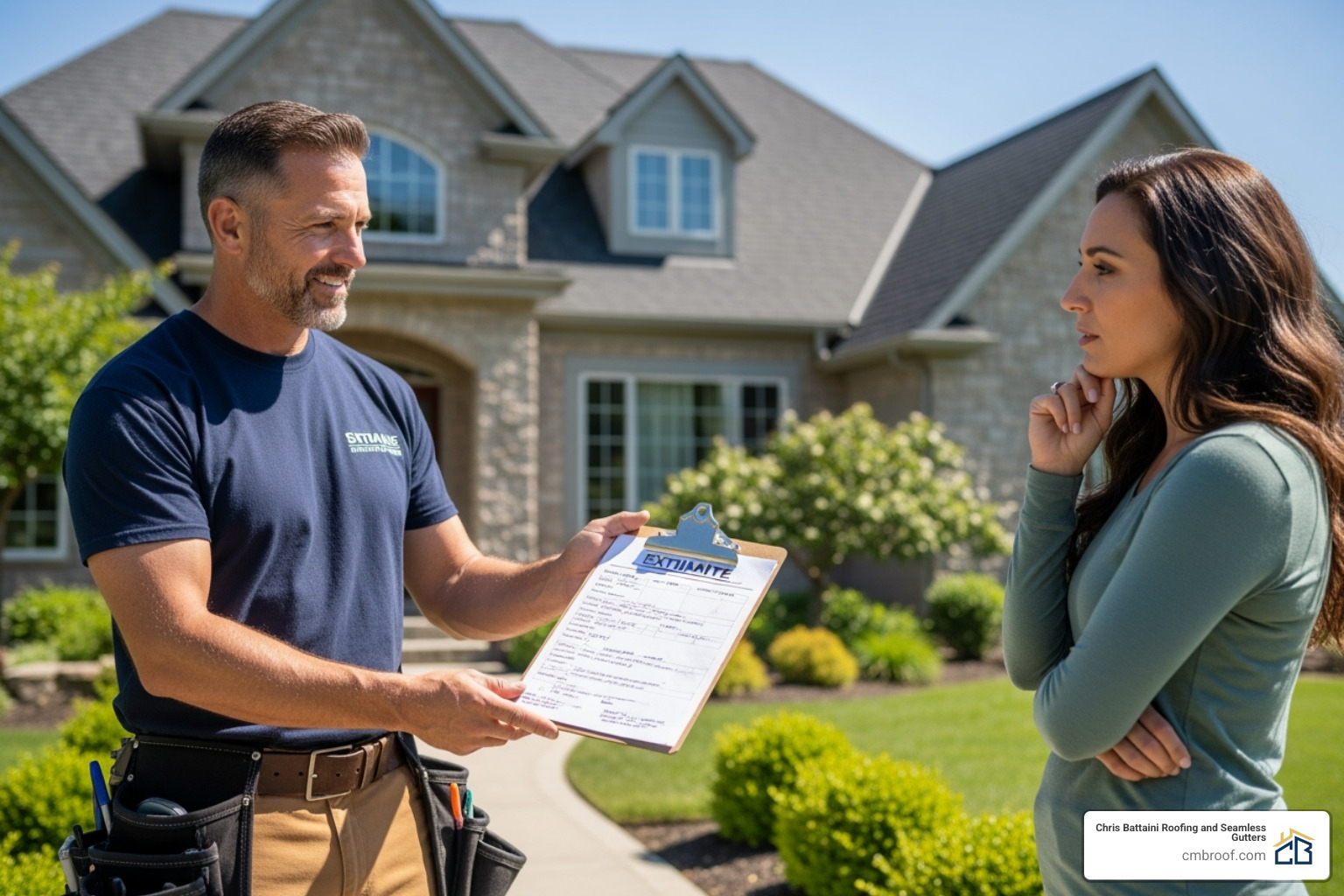 A roofer providing a homeowner with a written estimate - Roof Repair Services