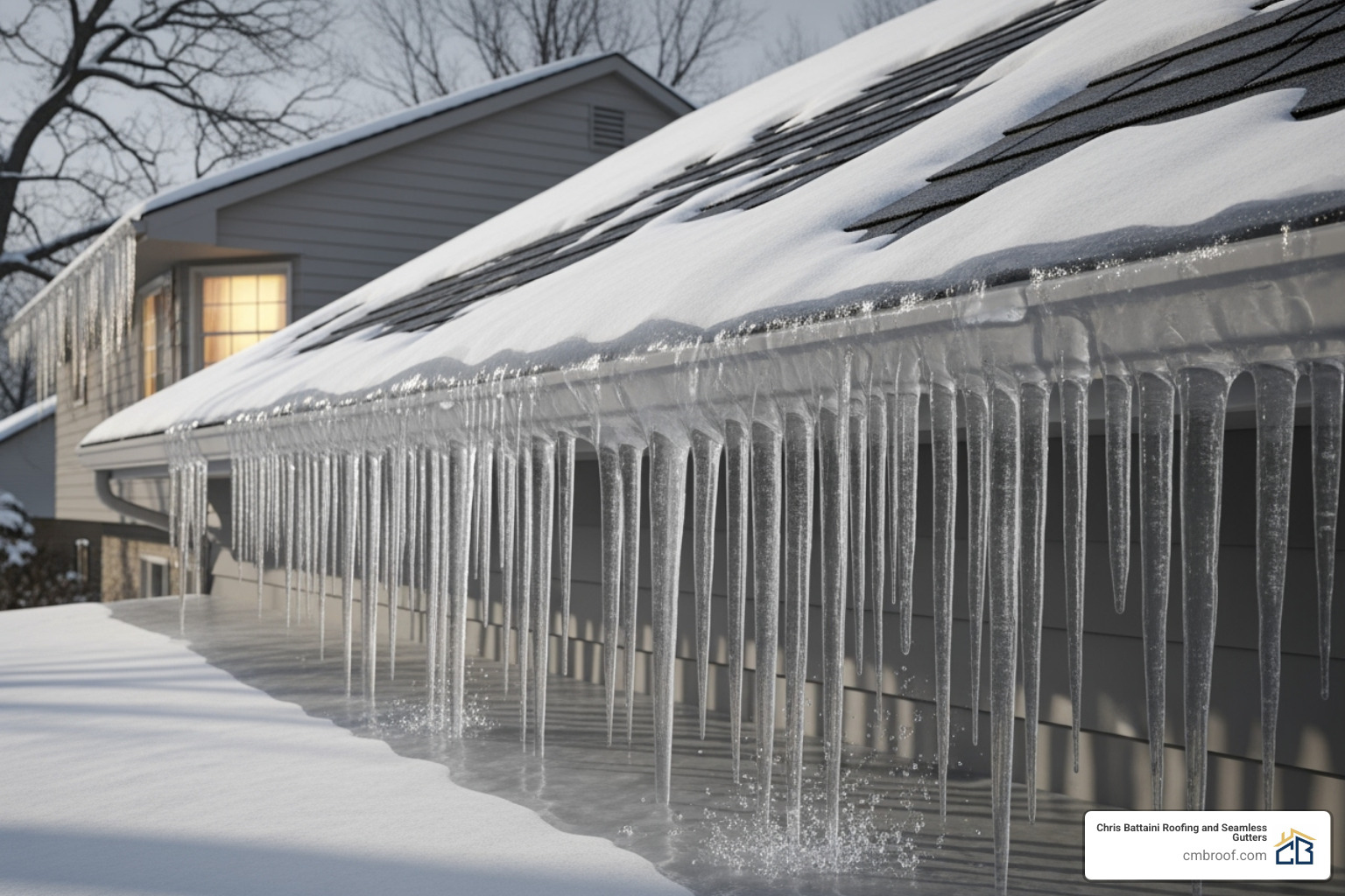 An ice dam forming on the edge of a roof with icicles - Roof Repair Services