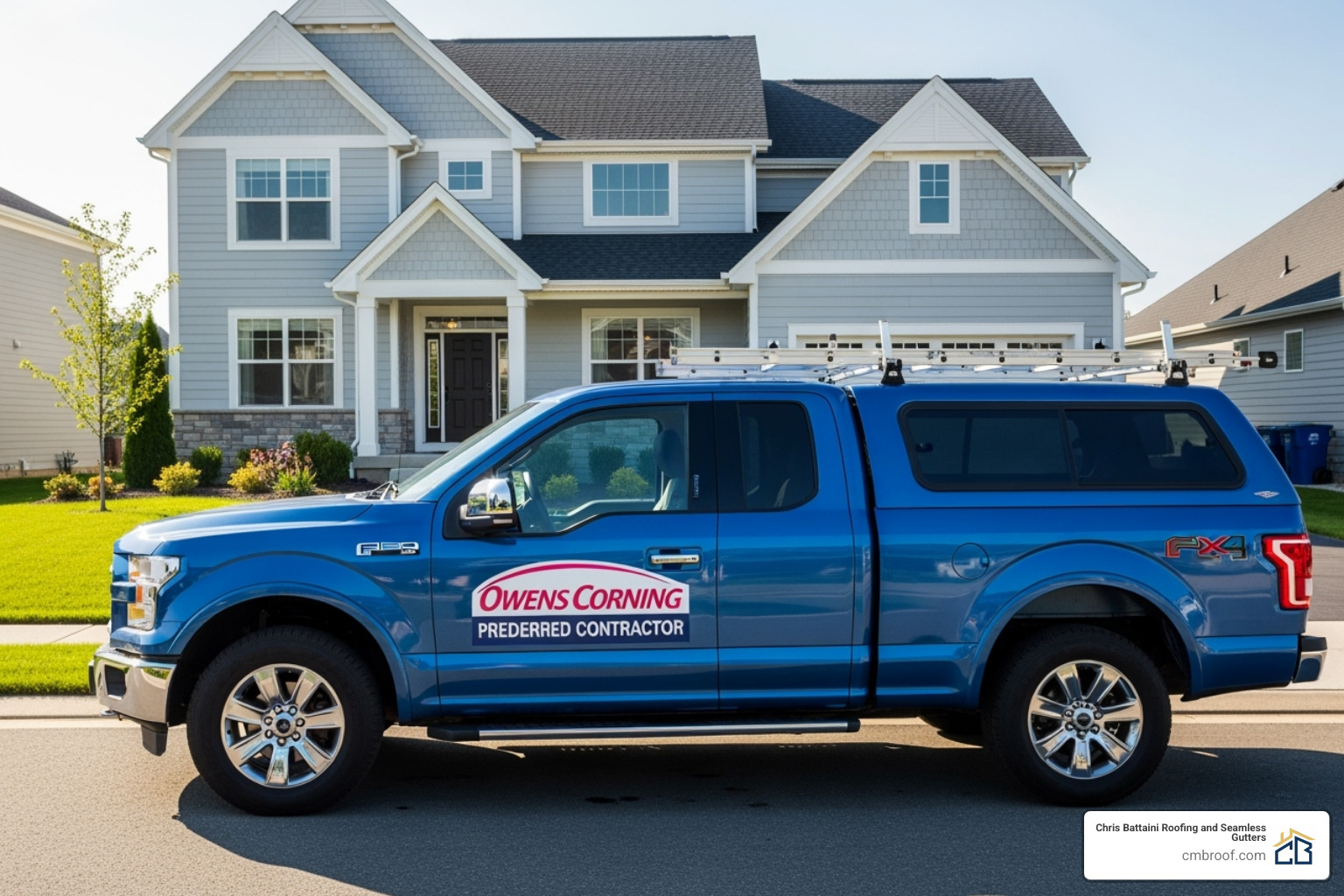 Contractor's truck with an Owens Corning Preferred Contractor logo - Owens Corning Roofing Contractors