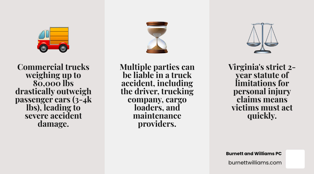 Infographic showing size comparison between an 80,000-pound commercial truck and a 3,500-pound passenger vehicle, with Virginia statute of limitations timeline of two years for personal injury claims, and key liable parties including truck driver, trucking company, cargo loaders, maintenance companies, and parts manufacturers - Truck accident attorney Orange infographic 3_facts_emoji_grey Infographic showing size comparison between an 80,000-pound commercial truck and a 3,500-pound passenger vehicle, with Virginia statute of limitations timeline of two years for personal injury claims, and key liable parties including truck driver, trucking company, cargo loaders, maintenance companies, and parts manufacturers - Truck accident attorney Orange infographic 3_facts_emoji_grey