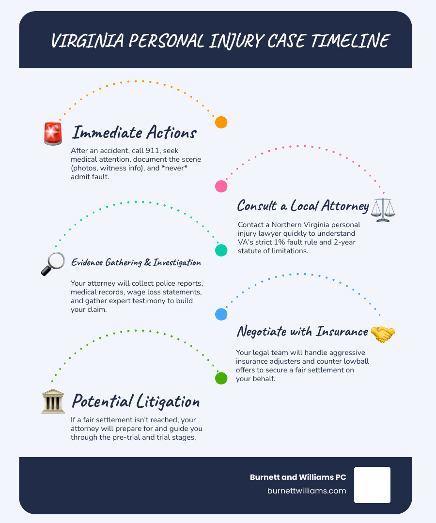 Detailed infographic showing the Virginia personal injury case timeline from accident to resolution, including immediate steps (seek medical care, document scene, report to police), filing deadlines (two-year statute of limitations), investigation phase (gathering evidence, medical records, expert consultation), negotiation with insurance companies, and potential litigation stages, with specific notes about Virginia's contributory negligence rule and local court procedures in Northern Virginia jurisdictions like Fairfax and Loudoun County - Personal injury Northern Virginia infographic infographic-line-5-steps-blues-accent_colors