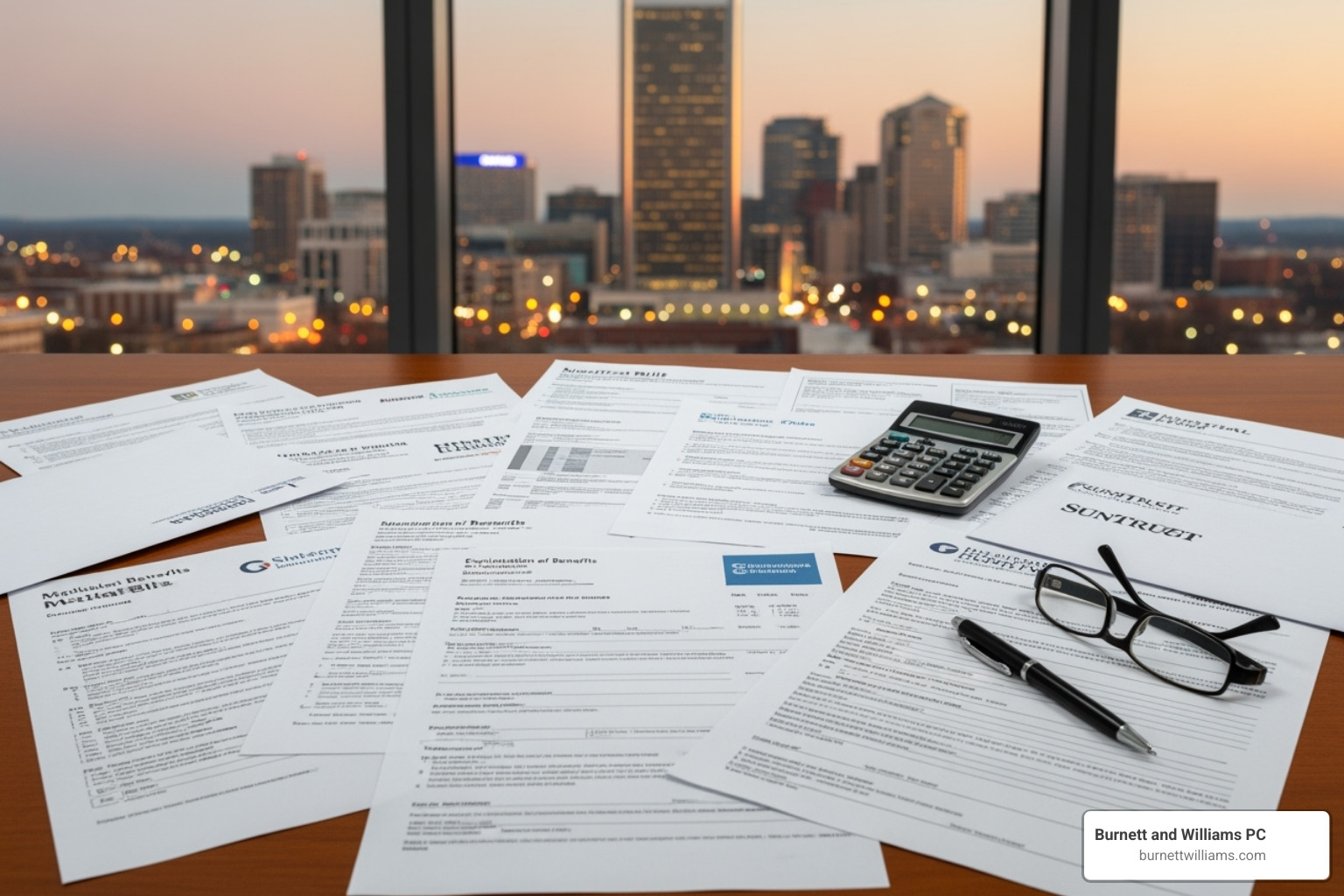 A person reviewing medical bills and insurance paperwork at a desk, with a blurred background of a Richmond cityscape. - Motorcycle accident Richmond