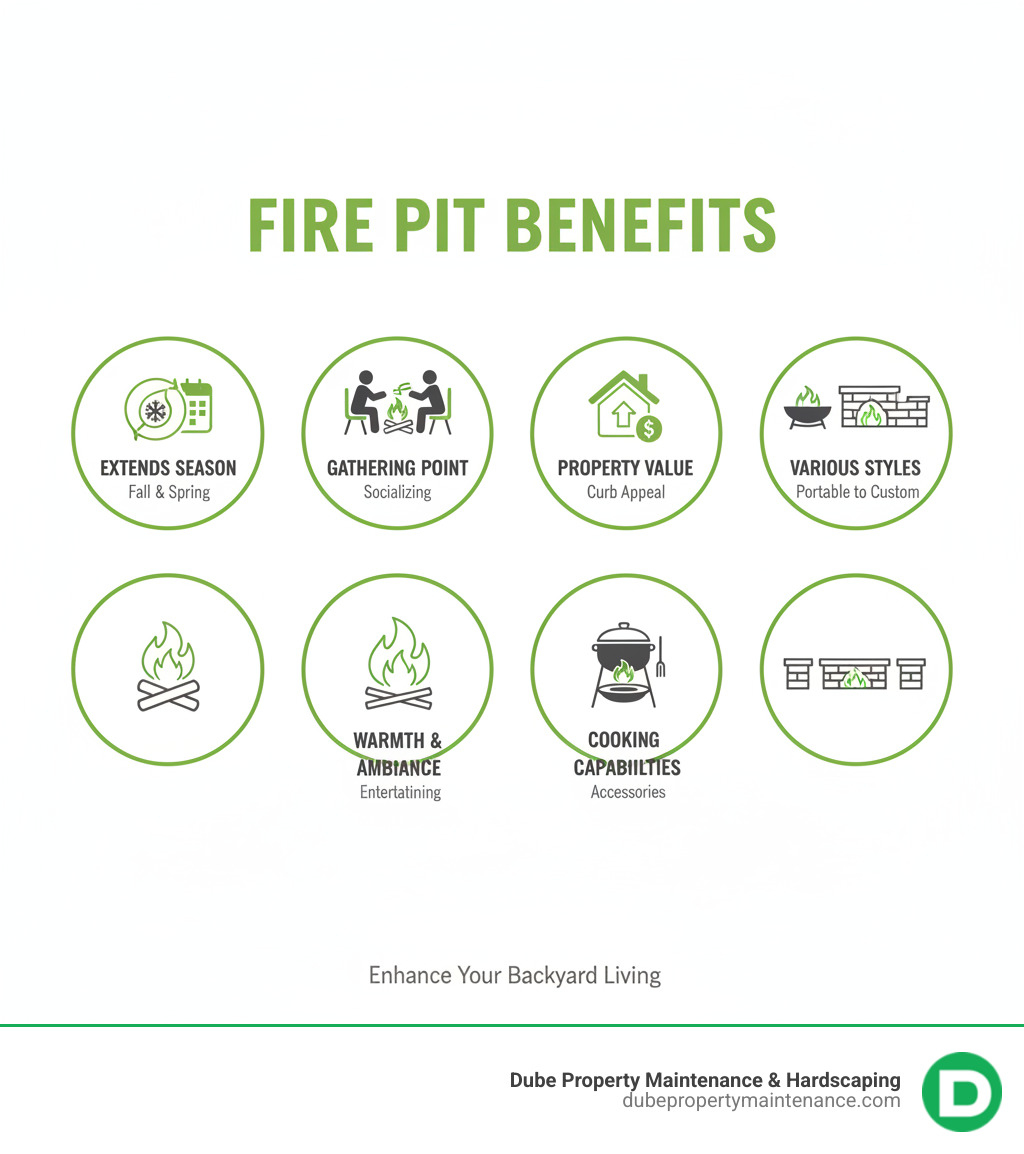 Infographic showing the key benefits of adding a fire pit to your backyard: extends outdoor season into fall and spring, creates a natural gathering point for socializing, increases property value and curb appeal, provides warmth and ambiance for outdoor entertaining, offers cooking capabilities with the right accessories, and comes in various styles from portable to custom-built - firepit near me infographic 