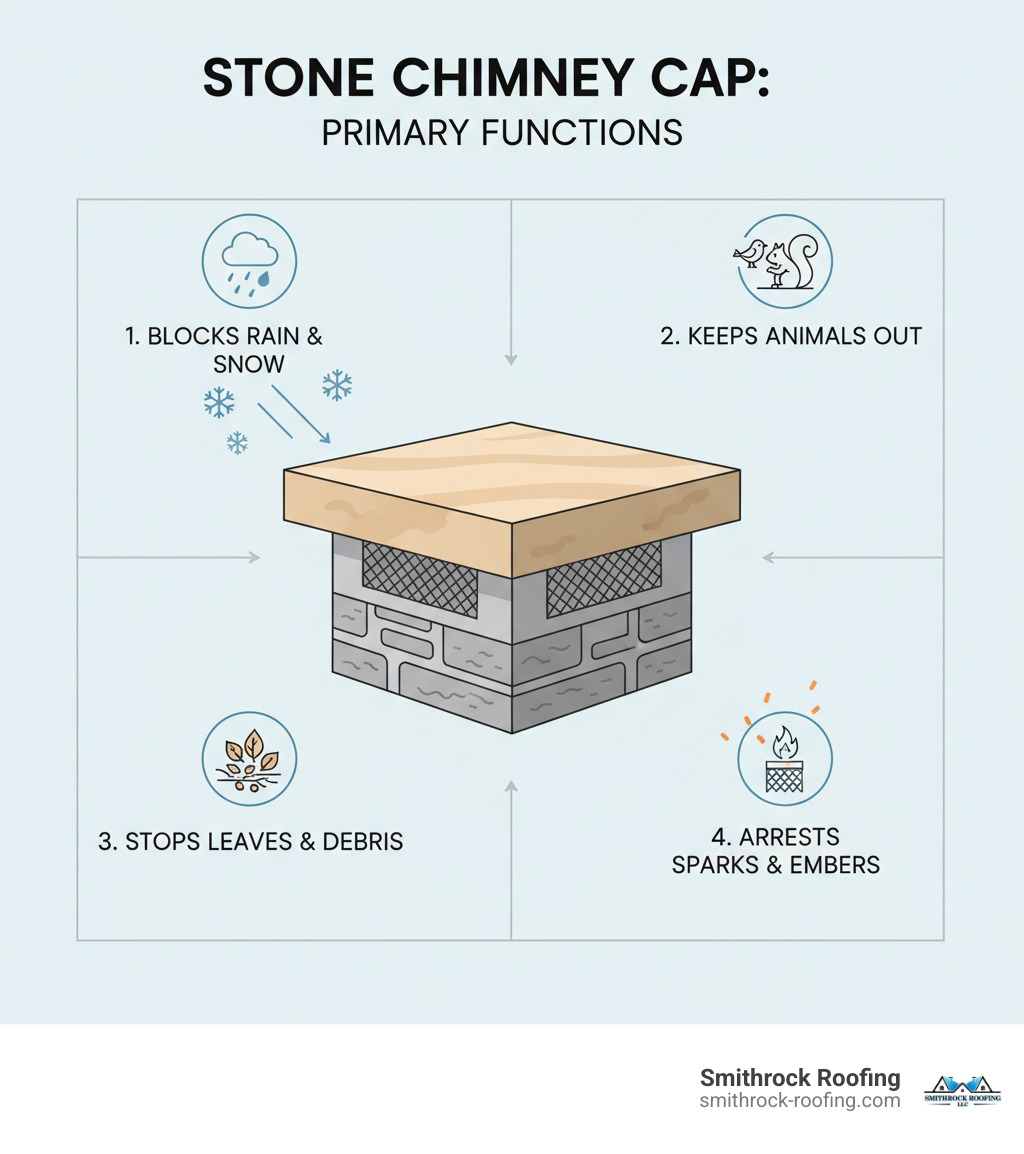 Infographic showing the four primary functions of a stone chimney cap: a cross-section diagram illustrating how it blocks rain and snow from entering the flue, prevents animals like birds and squirrels from nesting inside, stops leaves and debris from creating blockages, and arrests sparks and embers from escaping to prevent roof fires - stone chimney cap infographic 