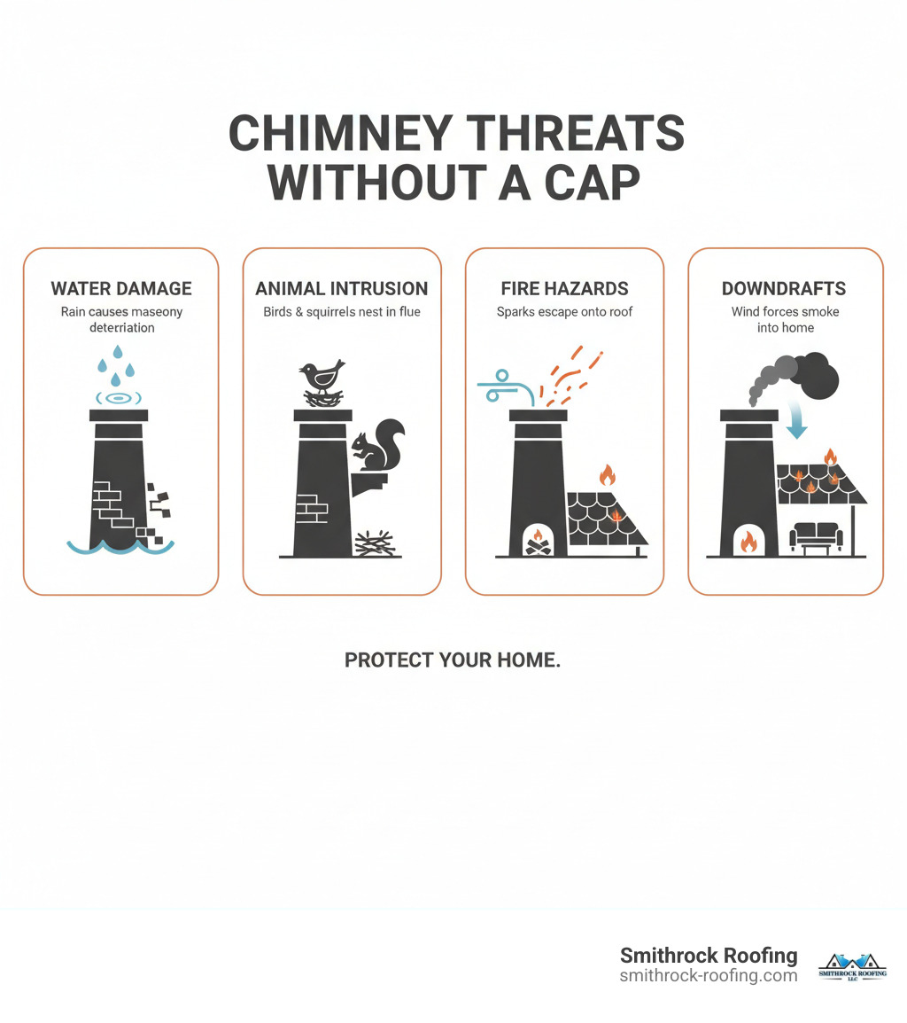 infographic showing four main chimney threats without a cap: water damage illustrated by rain entering chimney causing masonry deterioration, animal intrusion showing birds and squirrels nesting in flue, fire hazards depicted by sparks escaping onto roof, and downdrafts represented by wind forcing smoke back into home - copper chimney caps infographic 
