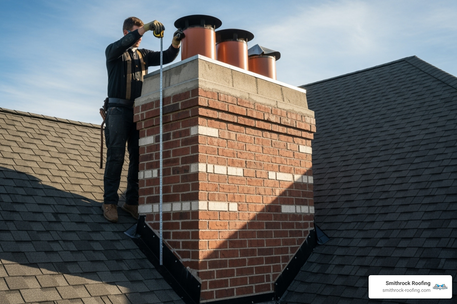 A professional carefully measuring a chimney top for a custom cap - copper chimney cap