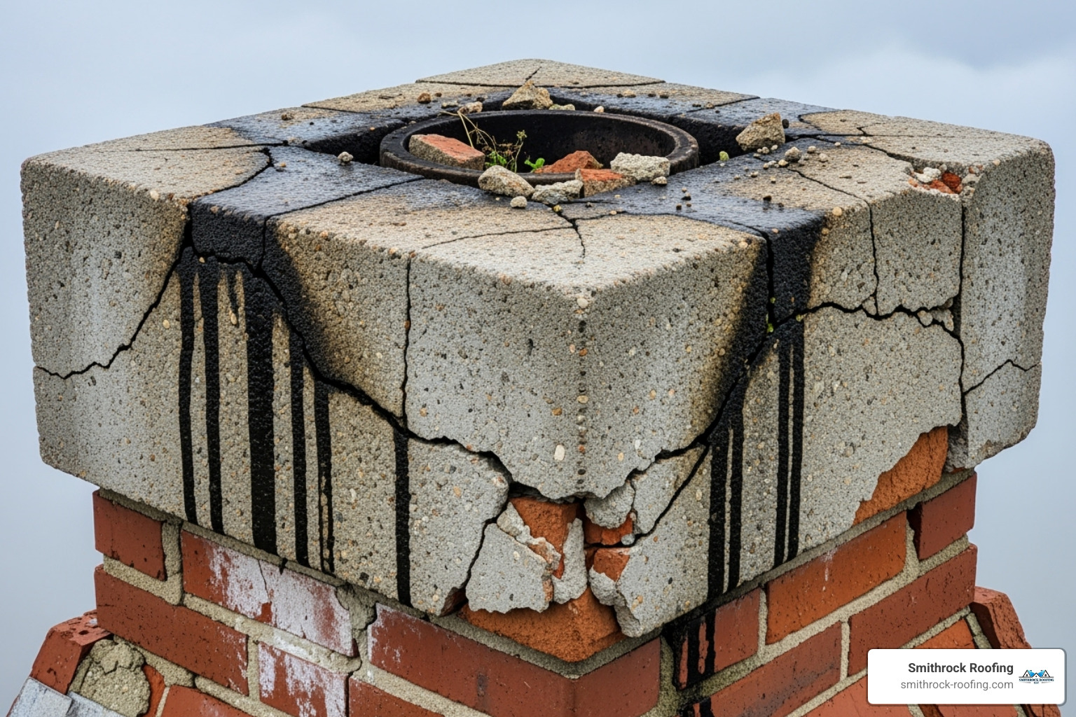 A cracked and water-damaged chimney crown without a cap - copper chimney cap