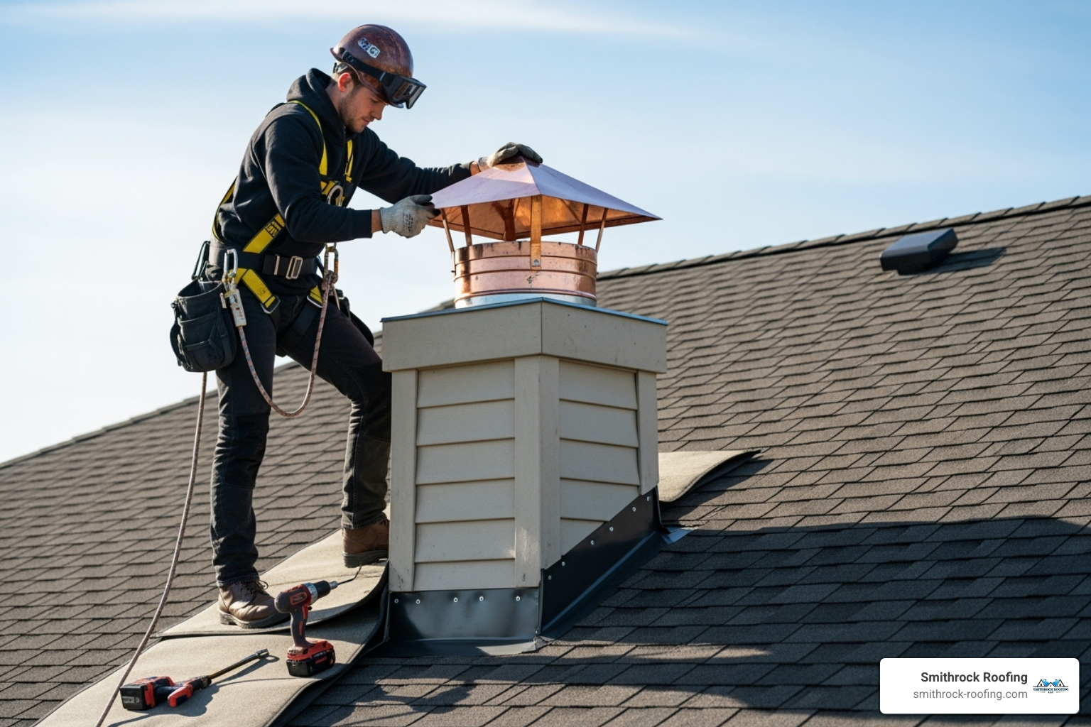 a professional safely installing a copper chimney cap on a roof. - copper chimney caps
