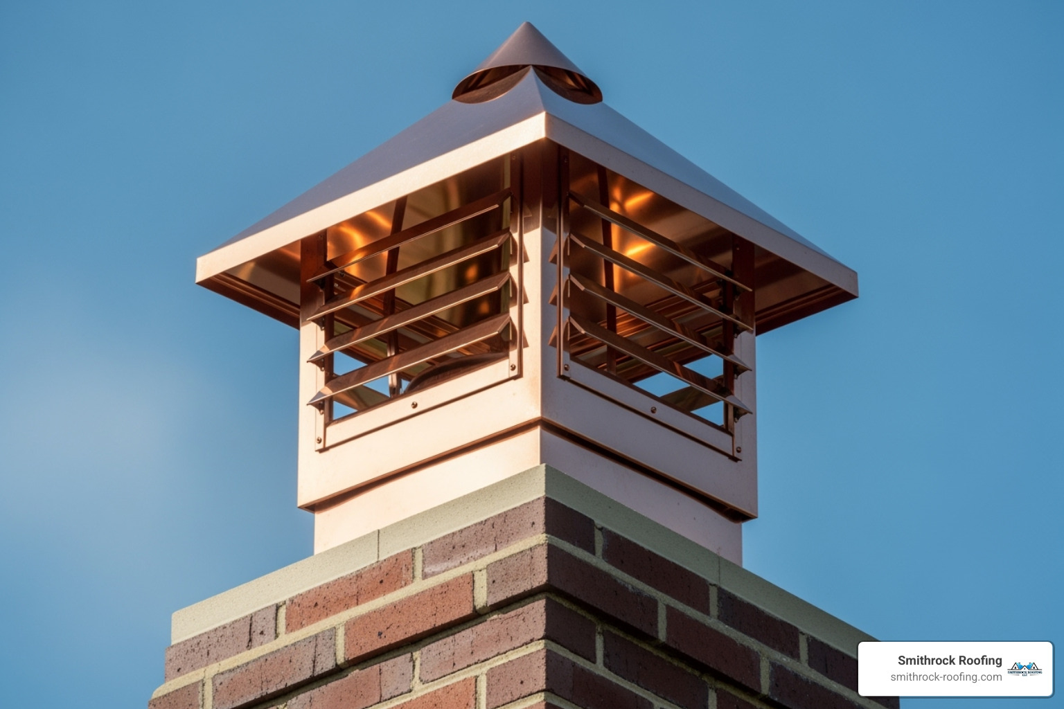 a newly installed, shiny copper chimney cap - copper chimney caps