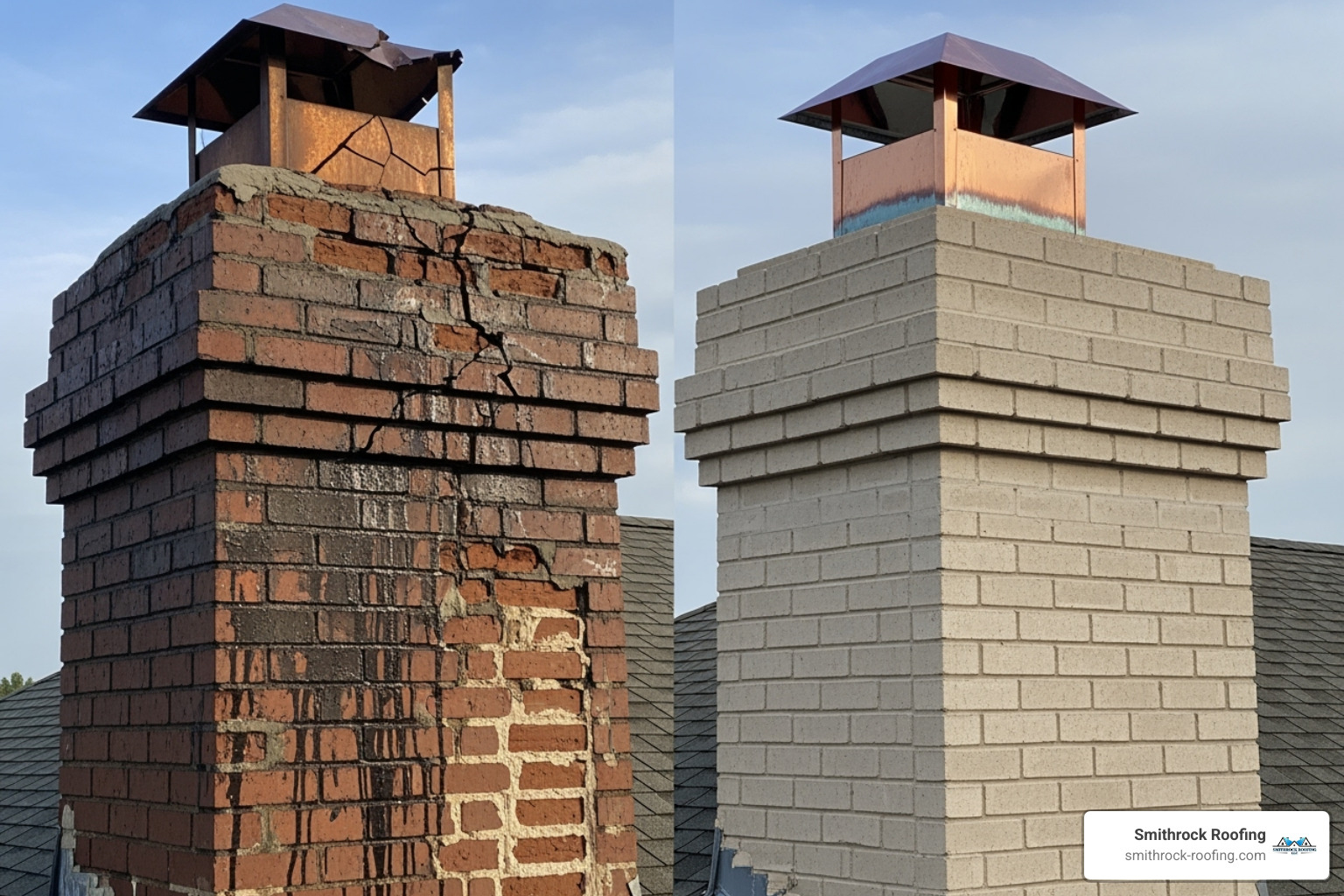 water damage on a chimney crown next to a pristine, capped chimney. - copper chimney caps