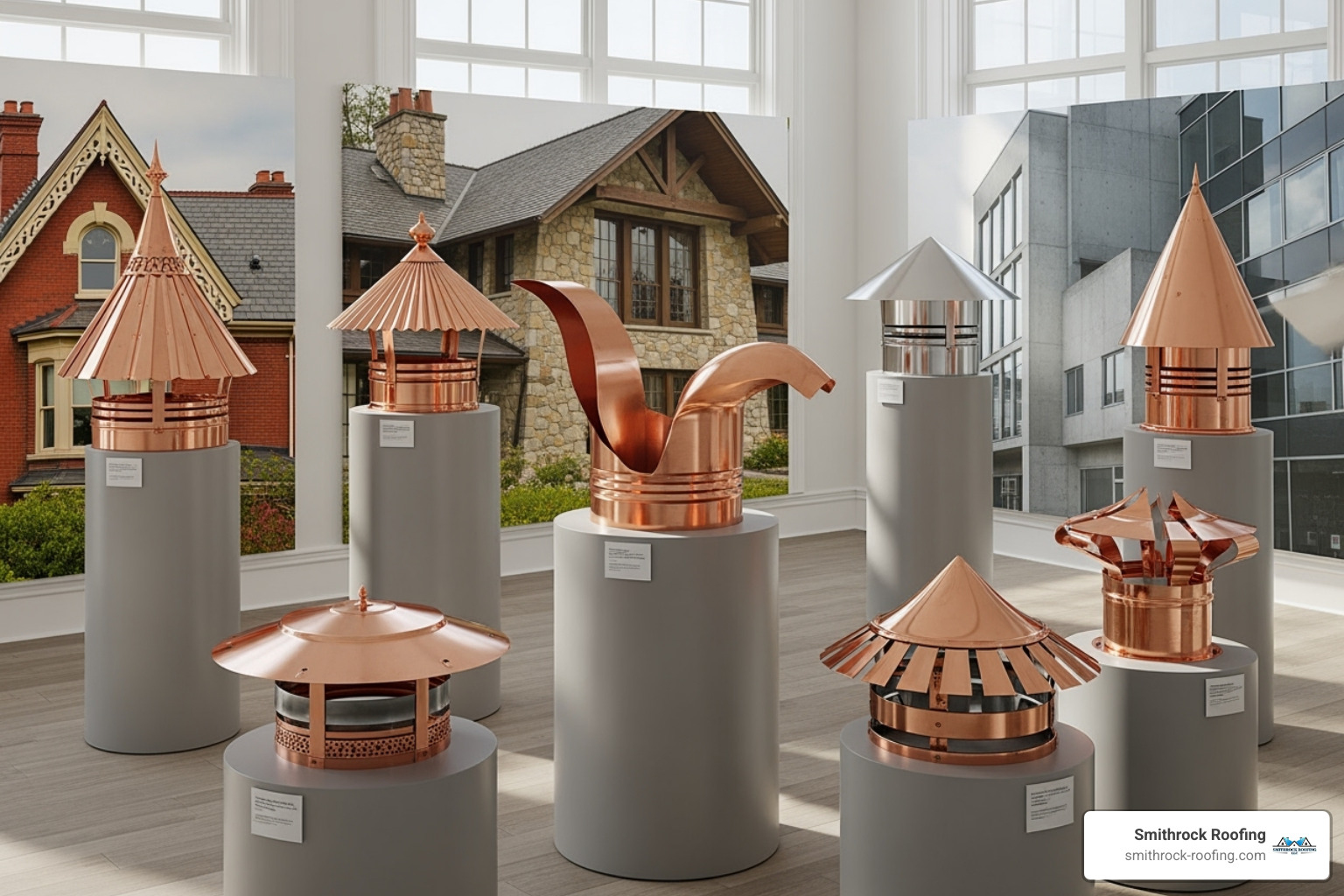 a gallery of different copper chimney cap styles (hip roof, French curve, modern) - copper chimney caps