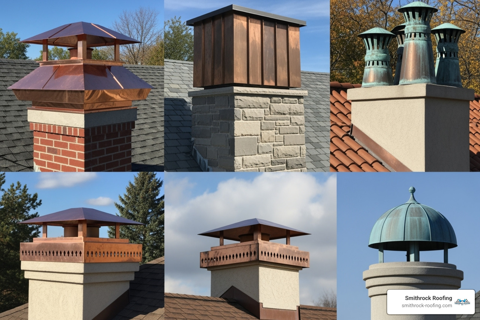 A collage showcasing various copper chimney cap styles like hip-roof, standing seam, and chimney pots - copper chimney cap