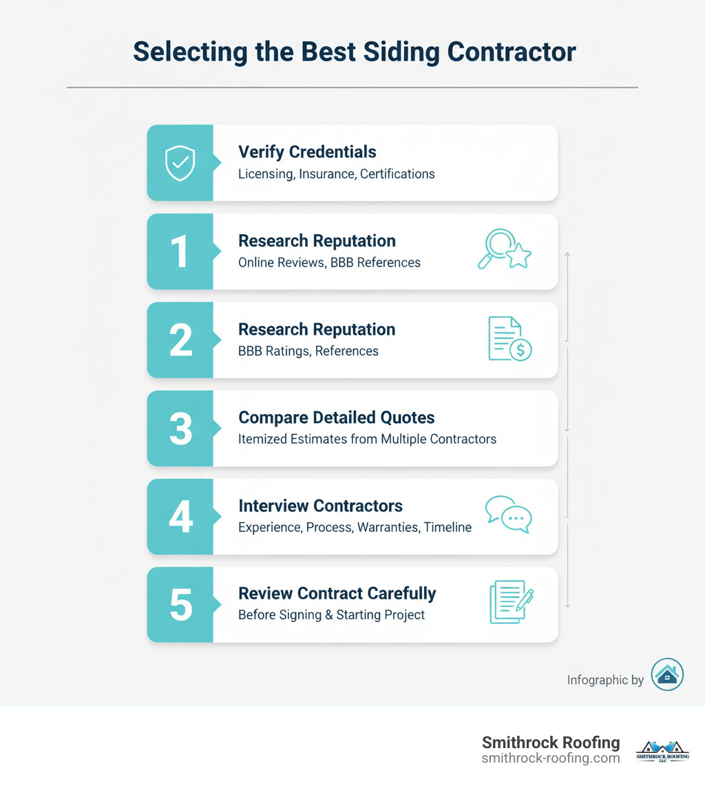Infographic showing a 5-step process for selecting the best siding contractor: Step 1 - Verify contractor credentials including licensing, insurance, and certifications; Step 2 - Research reputation through online reviews, BBB ratings, and references; Step 3 - Request and compare detailed itemized quotes from multiple contractors; Step 4 - Interview contractors about their experience, process, warranties, and timeline; Step 5 - Review contract terms carefully before signing and starting your project - best siding contractors infographic 