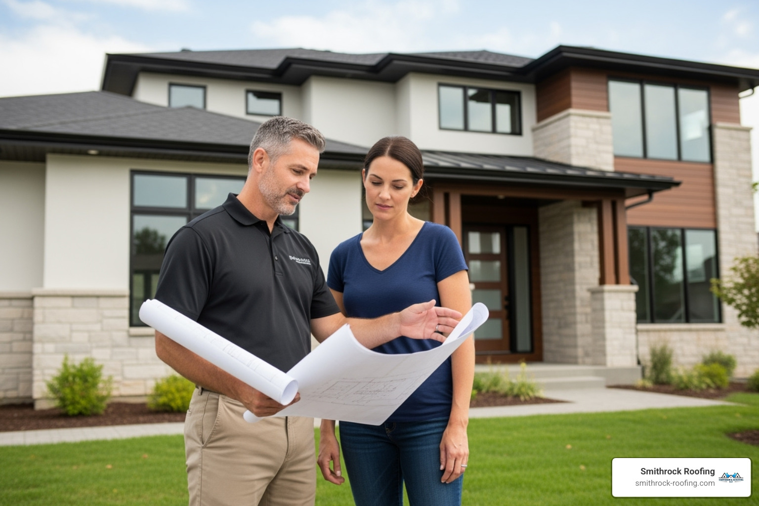 professional contractor discussing plans with a homeowner in front of a house - best siding contractors