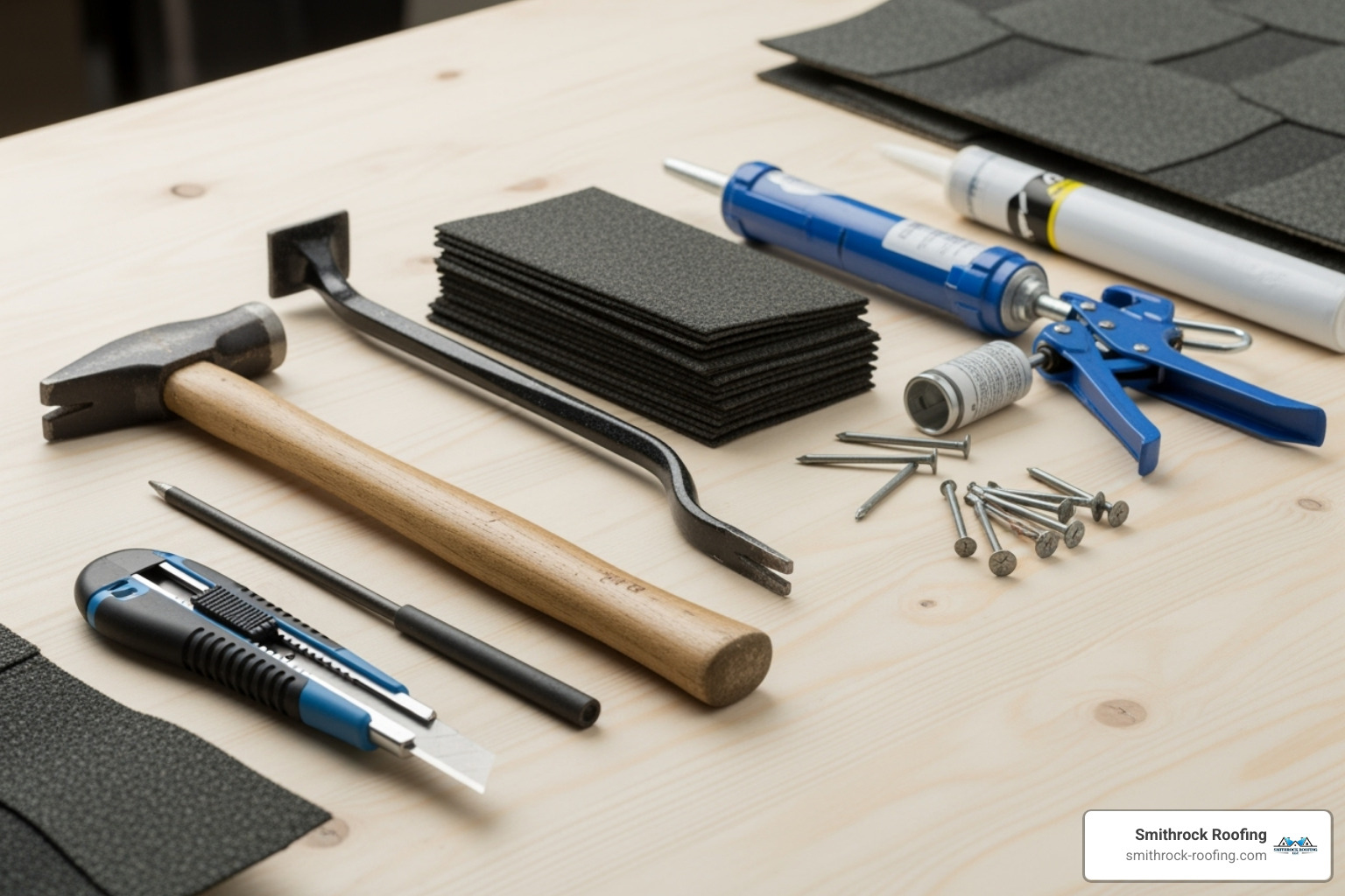 all the necessary tools and materials laid out neatly - shingle siding repair