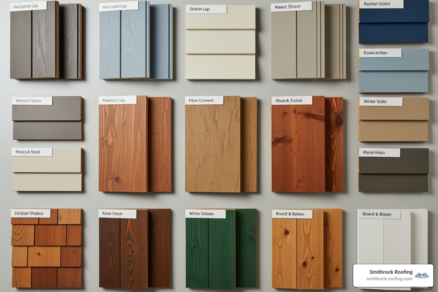 various siding material samples like vinyl, fiber cement, and wood - best siding contractors