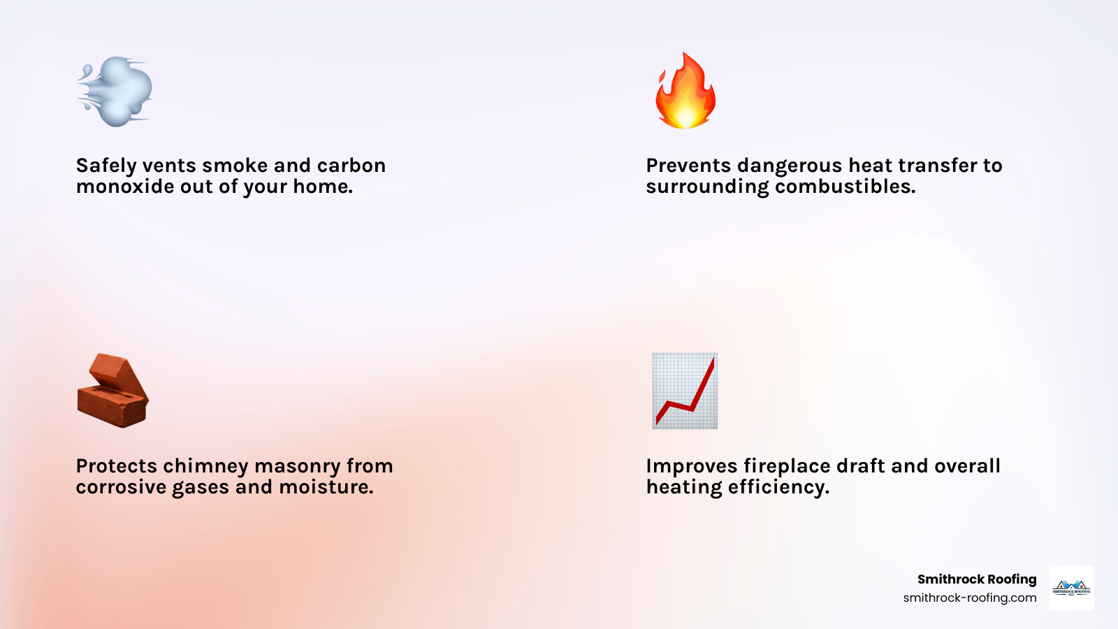 infographic showing chimney anatomy with labeled parts including the liner running through the flue, masonry walls, chimney crown, cap, and smoke path, illustrating how the liner protects the structure and vents combustion byproducts safely outdoors - chimney liner installation cost infographic 4_facts_emoji_light-gradient
