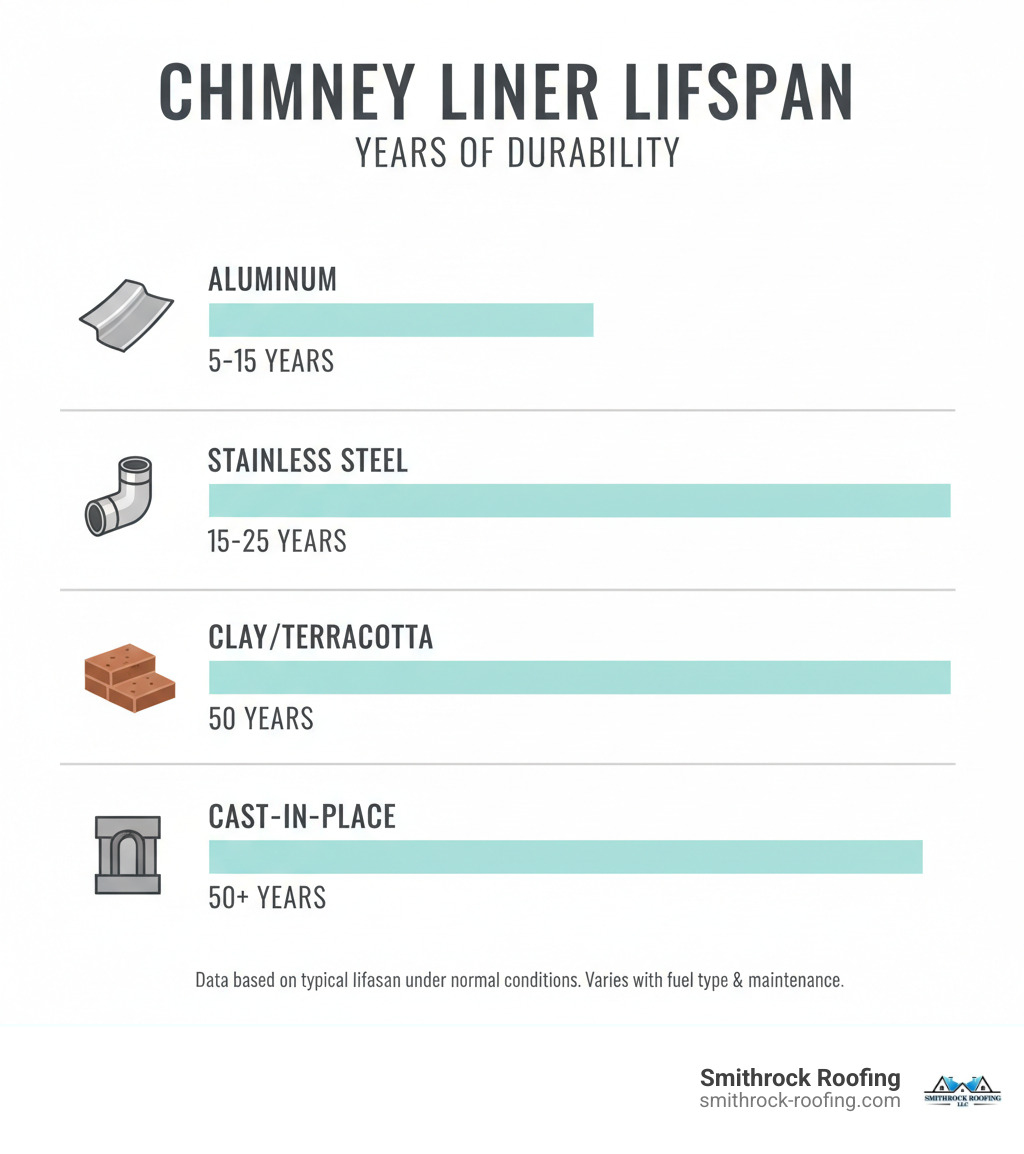infographic showing the lifespan of different chimney liner materials including aluminum, stainless steel, clay, and cast-in-place - chimney liner installation cost infographic 