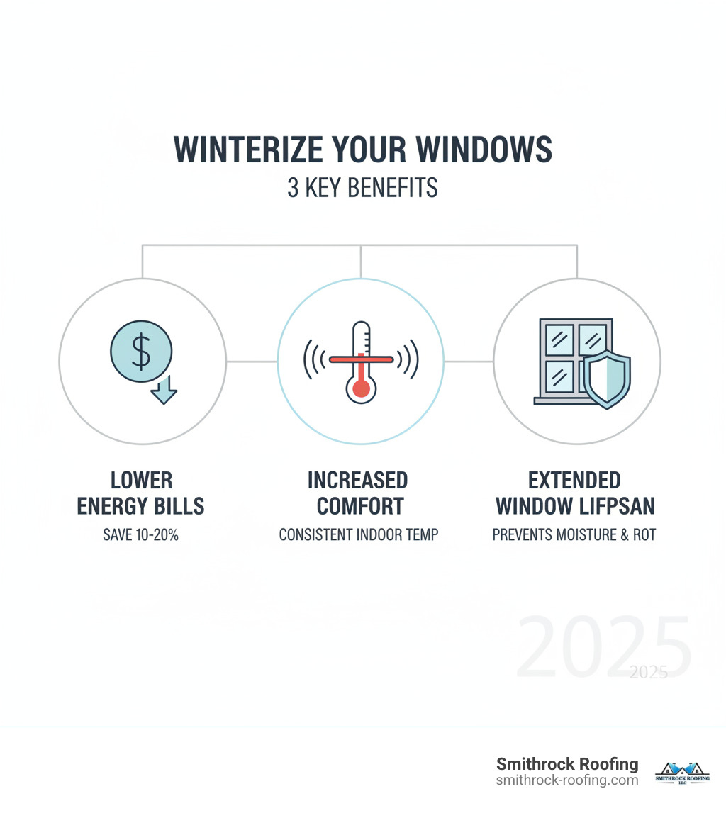 infographic showing three main benefits of winterizing windows: a dollar sign with downward arrow representing lower energy bills averaging 10-20% savings, a thermometer showing consistent indoor temperature for increased comfort, and a window icon with a shield representing extended window lifespan by preventing moisture damage and rot - winterizing your windows infographic 