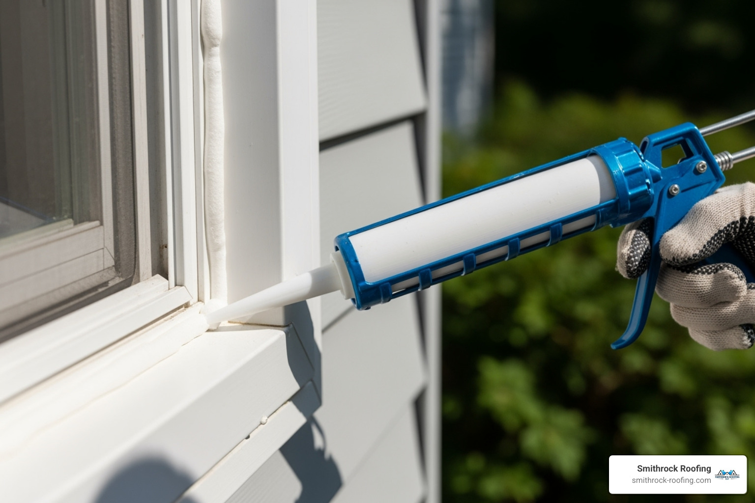hand using a caulking gun to seal a window exterior - winterizing your windows