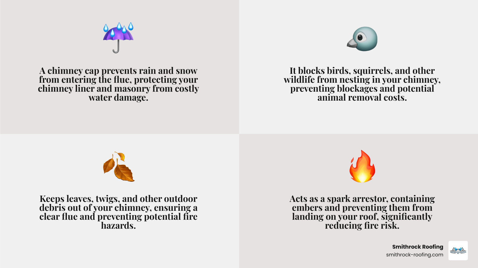Infographic showing the key benefits of a chimney cap: a cross-section view of a chimney with labeled arrows pointing to how the cap keeps out rain and snow from above, blocks animals and debris with mesh sides, prevents downdrafts with proper height clearance, and acts as a spark arrestor to contain embers and prevent roof fires - how much does it cost for a chimney cap installation infographic 4_facts_emoji_grey