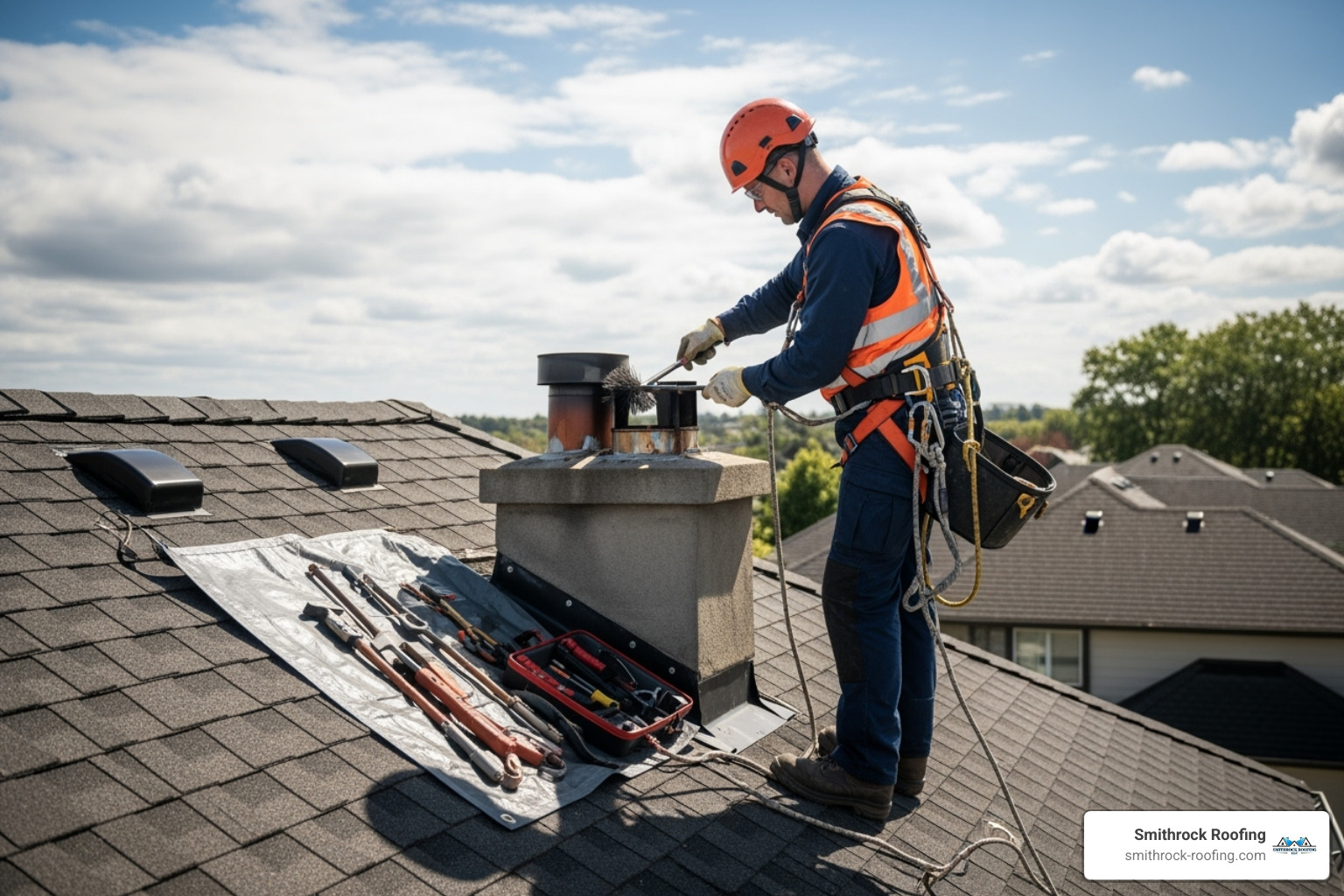professional working on a chimney on a steep roof - chimney liner installation cost