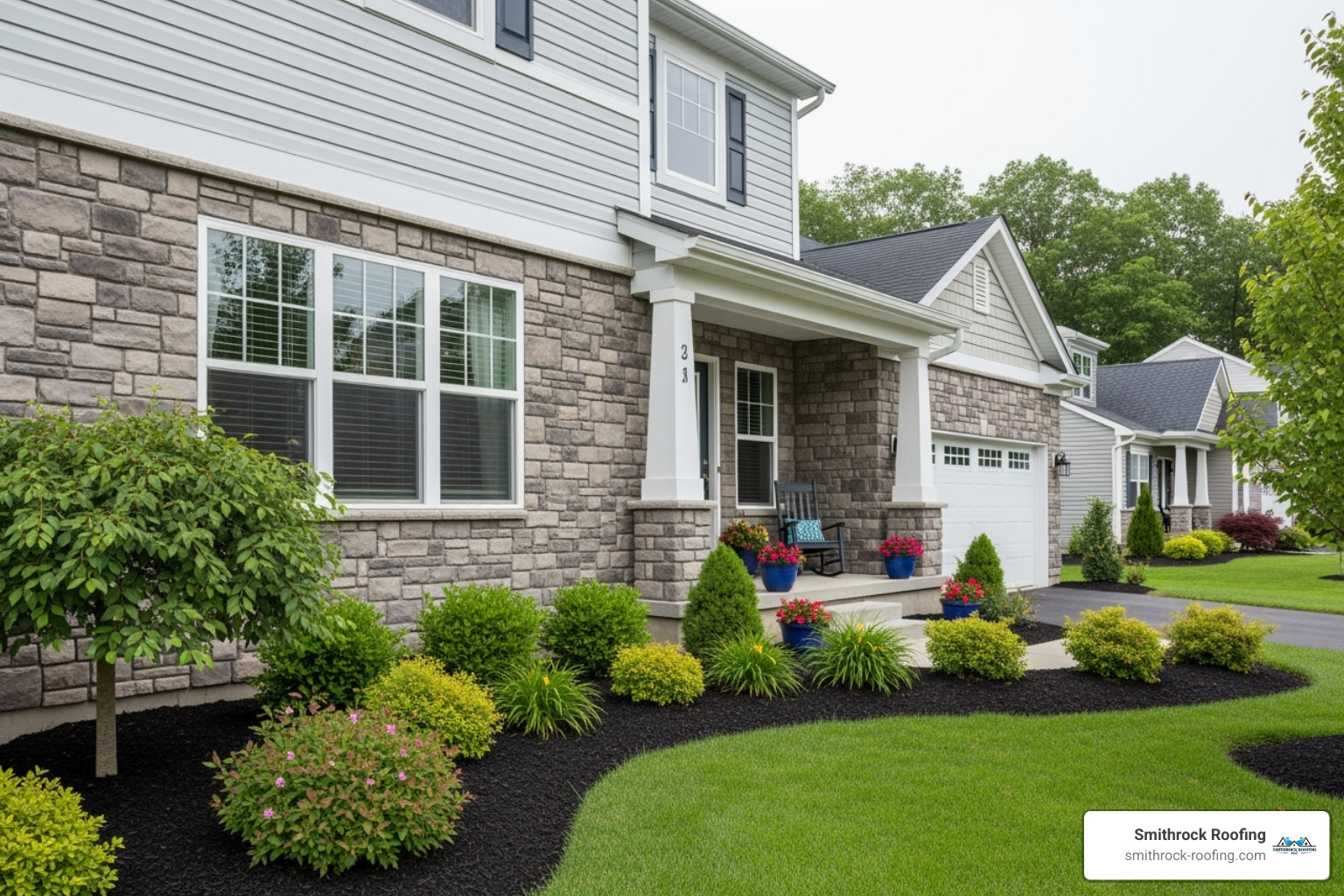 home with stone veneer wainscoting and vinyl siding - stone veneer and vinyl siding