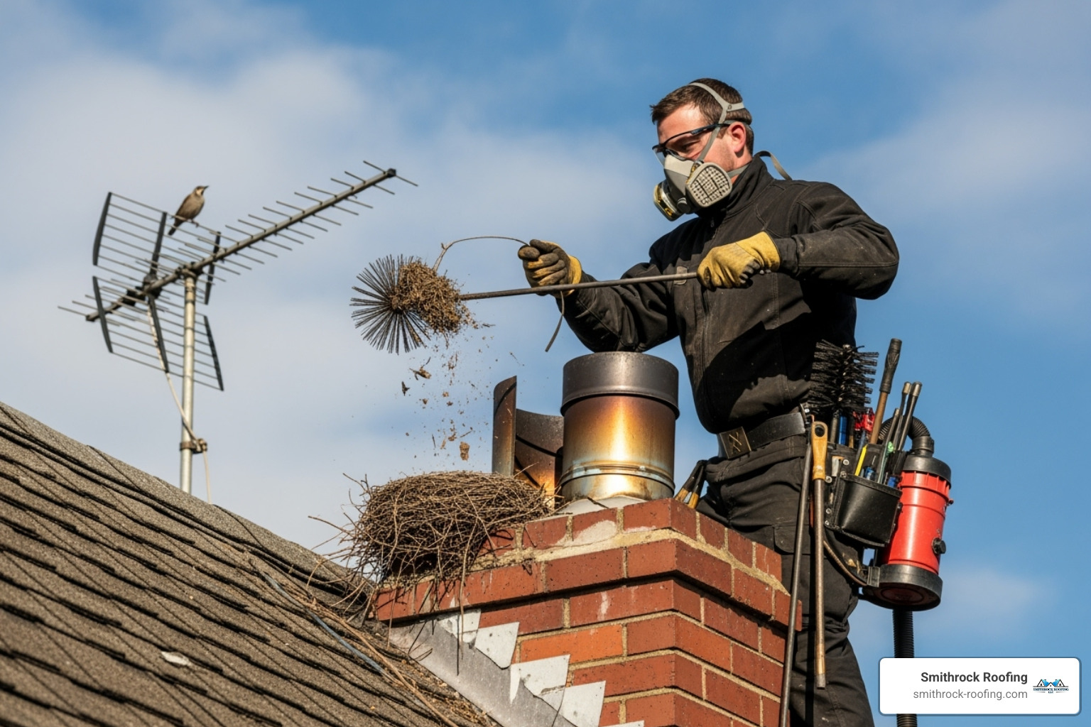 Bird's nest being removed from an uncapped chimney flue - how much does it cost for a chimney cap installation
