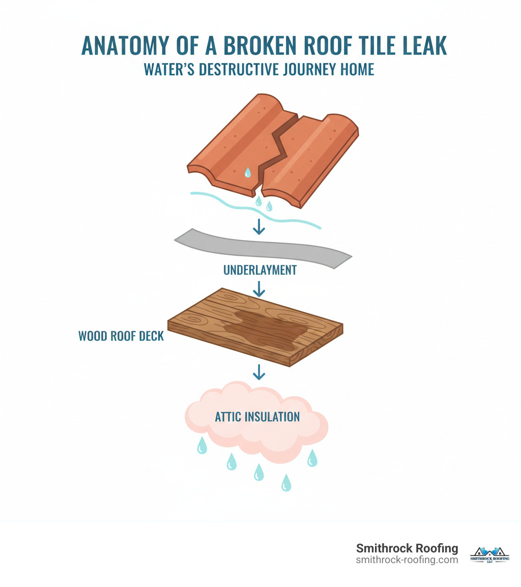 Infographic showing the anatomy of a broken roof tile leak: a cracked clay tile at the top, water seeping through the crack, penetrating the underlayment layer below, soaking into the wooden roof deck, and finally dripping onto pink insulation in the attic space, with arrows indicating the water's path downward through each layer - broken roof tile leak infographic 