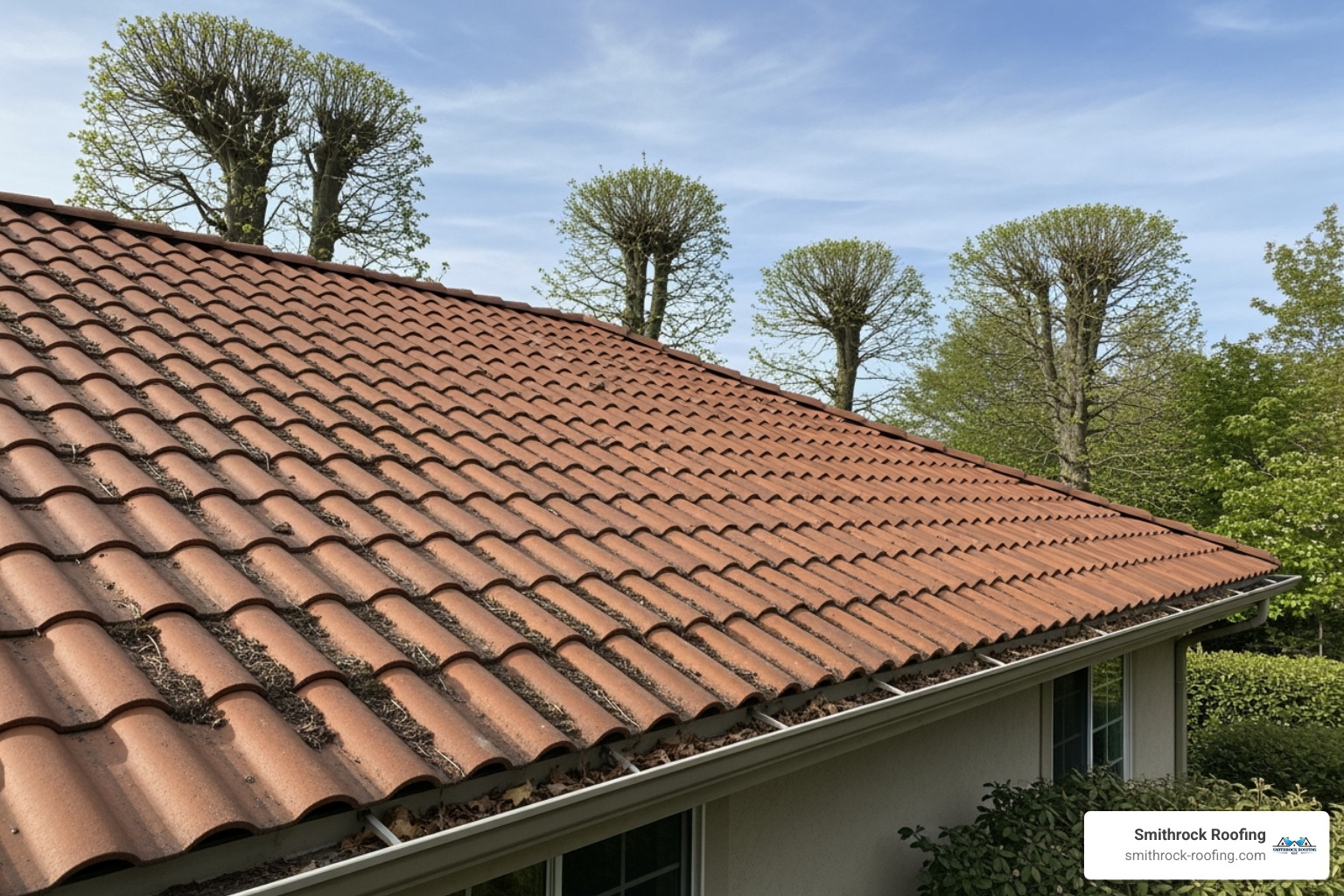 A clean, well-maintained tile roof with clear gutters and trimmed tree branches, demonstrating proactive roof care. - broken roof tile leak