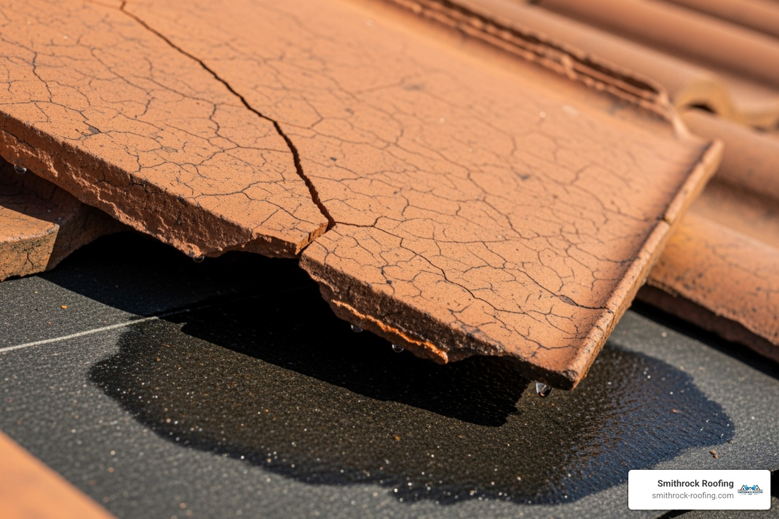 A cracked clay roof tile with visible water damage on the underlayment beneath it, illustrating how a broken tile allows water to penetrate the roof system. - broken roof tile leak
