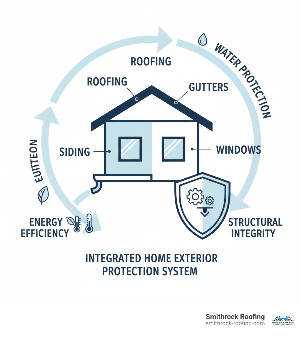 Infographic showing how roofing, siding, gutters, and windows work together as an integrated home exterior protection system, with labels for each component and arrows indicating how they protect against water damage, improve energy efficiency, and maintain structural integrity - best roofing and siding infographic 
