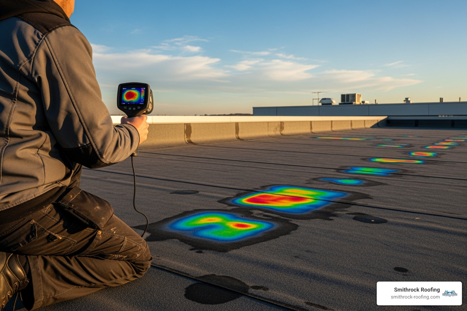 A professional using a thermal imaging camera on a flat roof, highlighting areas of moisture and temperature differences - roof slab leak repair
