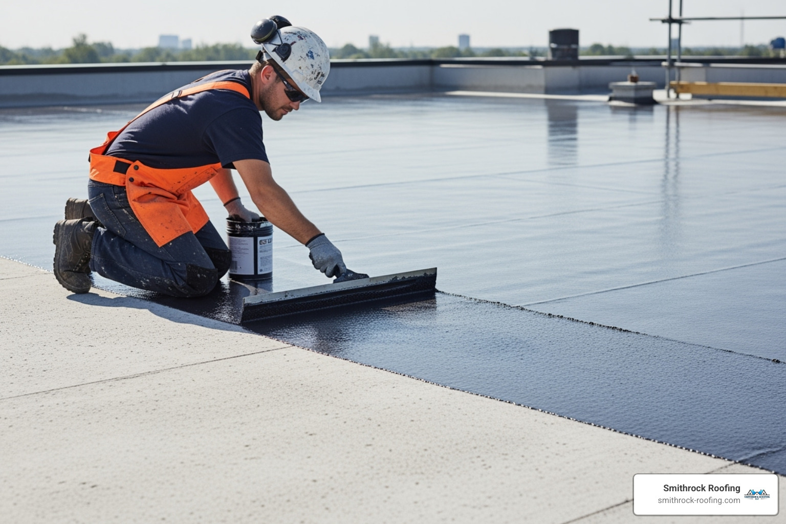 A skilled roofer carefully applying a liquid membrane to a concrete roof slab, ensuring complete coverage and a seamless waterproof barrier - roof slab leak repair